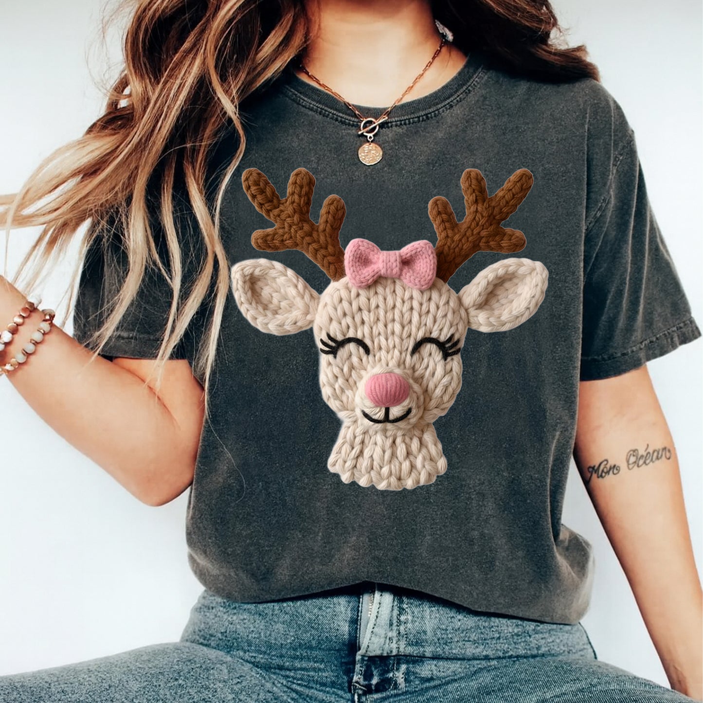 Christmas Reindeer Pink Bow Yarn Style DTF Transfer – Ready to Press Iron On Heat Transfer for DIY Christmas Shirts 12262