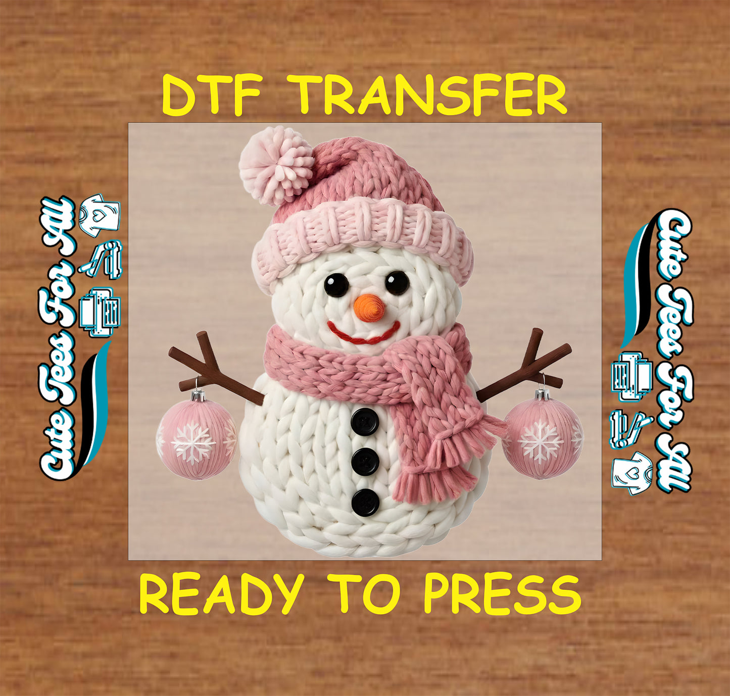 pink yarn snowman with hat scarf ornaments ready to press dtf transfer iron on heat transfer