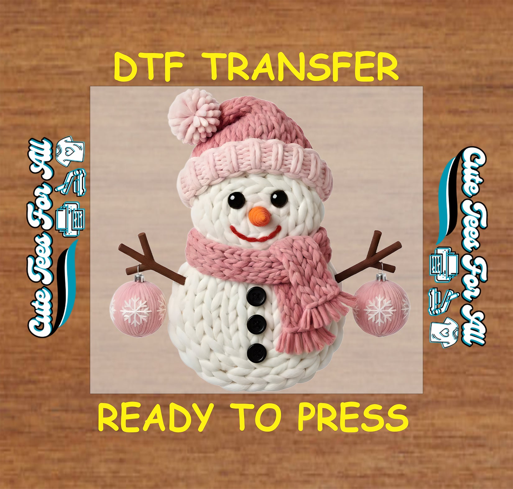 pink yarn snowman with hat scarf ornaments ready to press dtf transfer iron on heat transfer