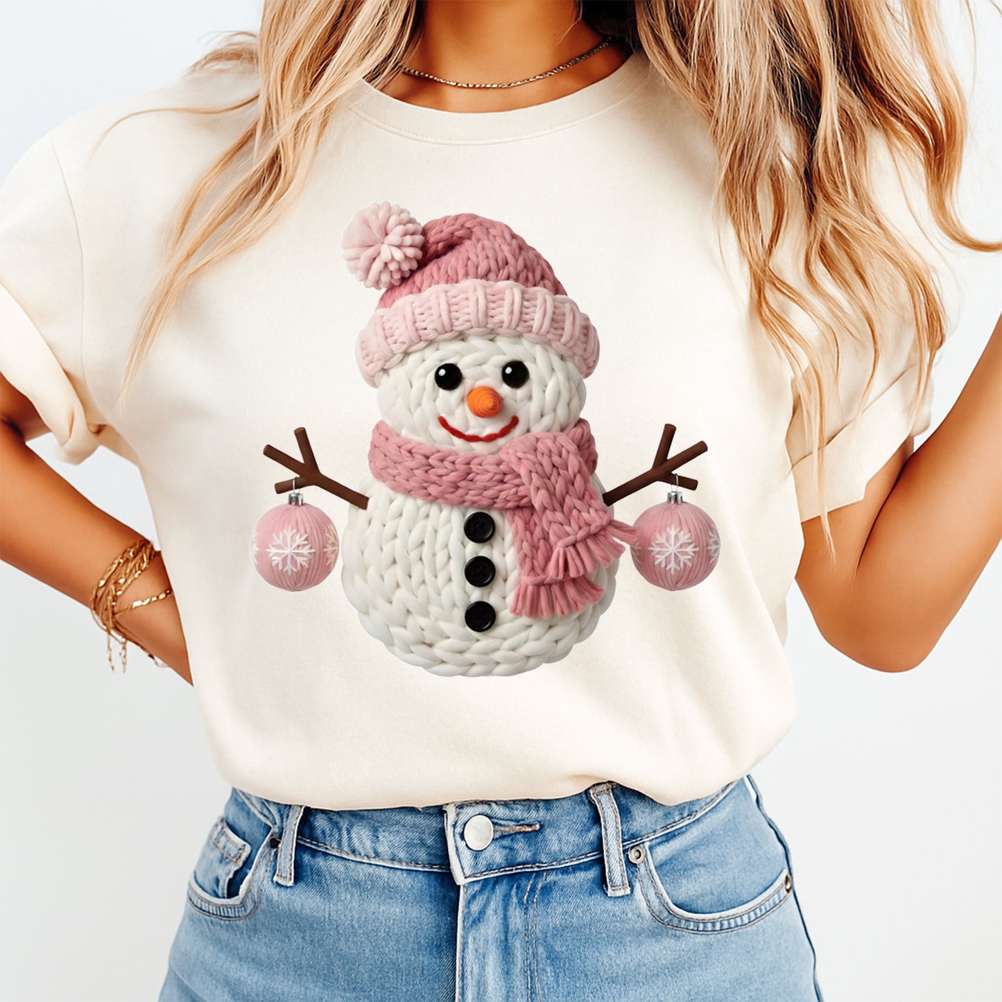 Christmas Snowman Pink Yarn Style DTF Transfer – Ready to Press Iron On Heat Transfer for DIY Christmas Shirts 12263