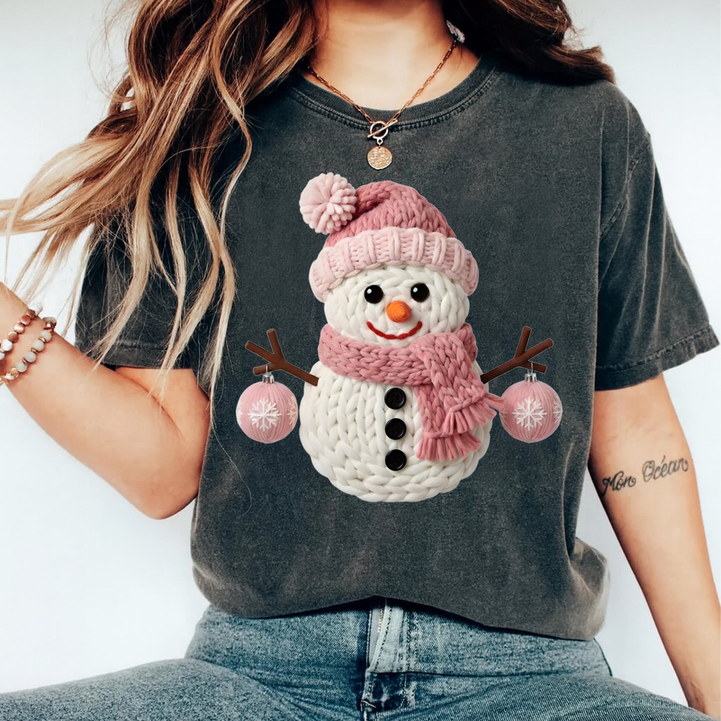 Christmas Snowman Pink Yarn Style DTF Transfer – Ready to Press Iron On Heat Transfer for DIY Christmas Shirts 12263