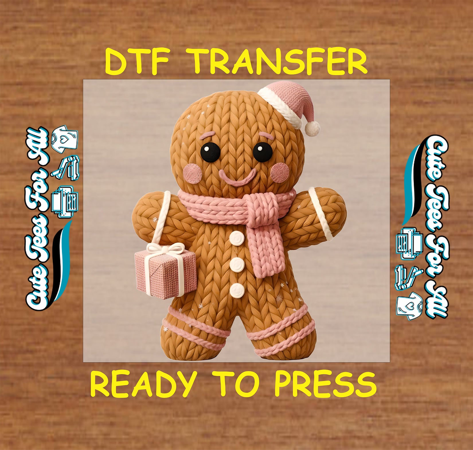 yarn style gingerbread with pink hat scarf present ready to press dtf transfer iron on heat transfer