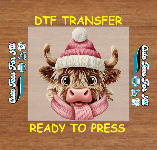 yarn style highland cow pink hat scarf ready to press dtf transfer iron on heat transfer