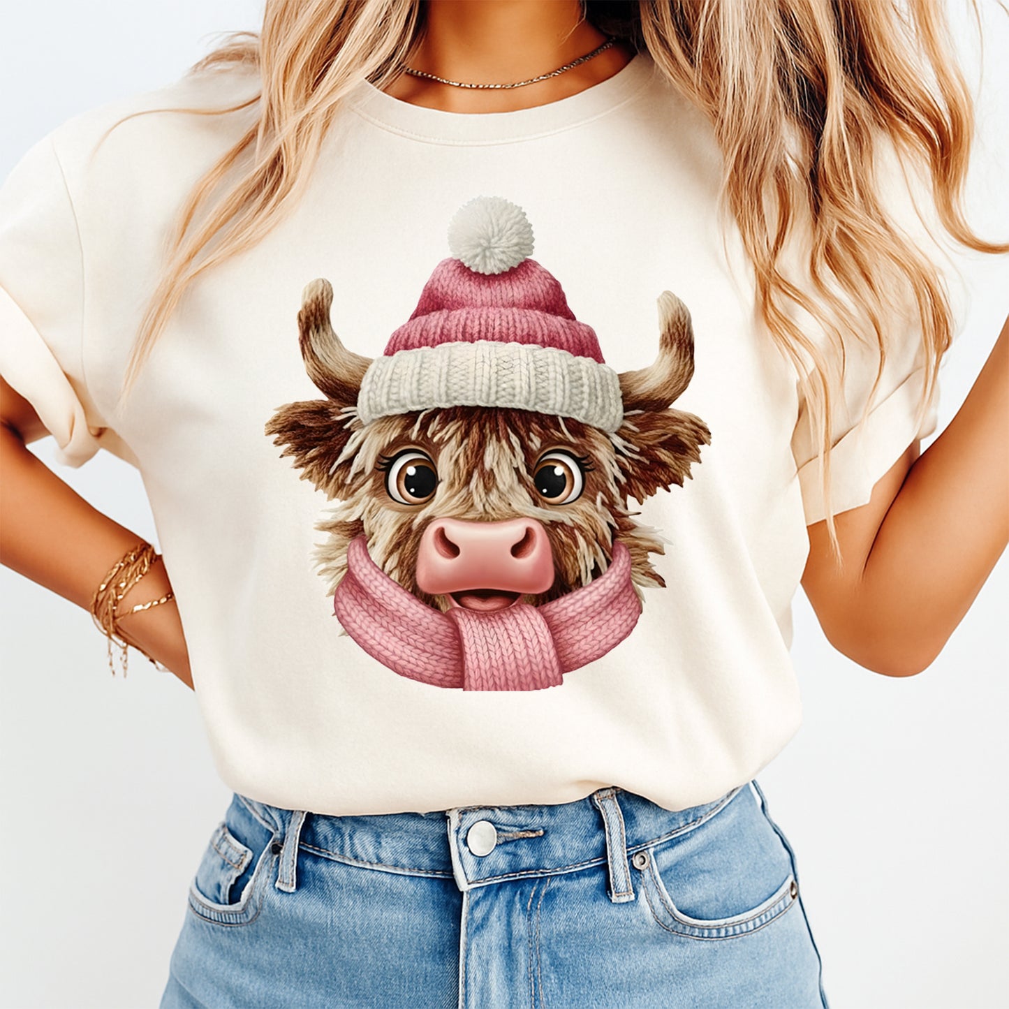 Christmas Highland Cow Pink Yarn Style DTF Transfer – Ready to Press Iron On Heat Transfer for DIY Christmas Shirts 12266