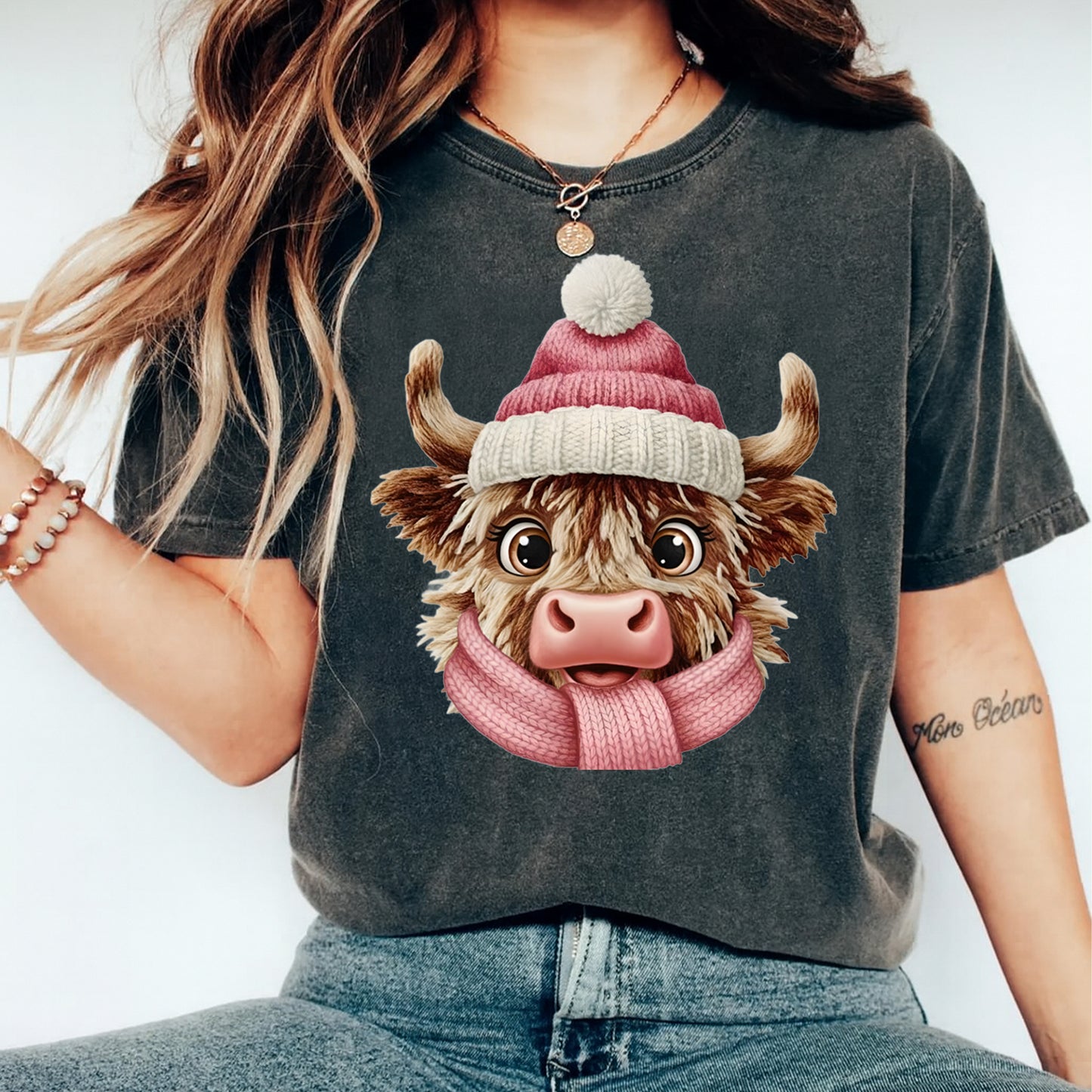 Christmas Highland Cow Pink Yarn Style DTF Transfer – Ready to Press Iron On Heat Transfer for DIY Christmas Shirts 12266