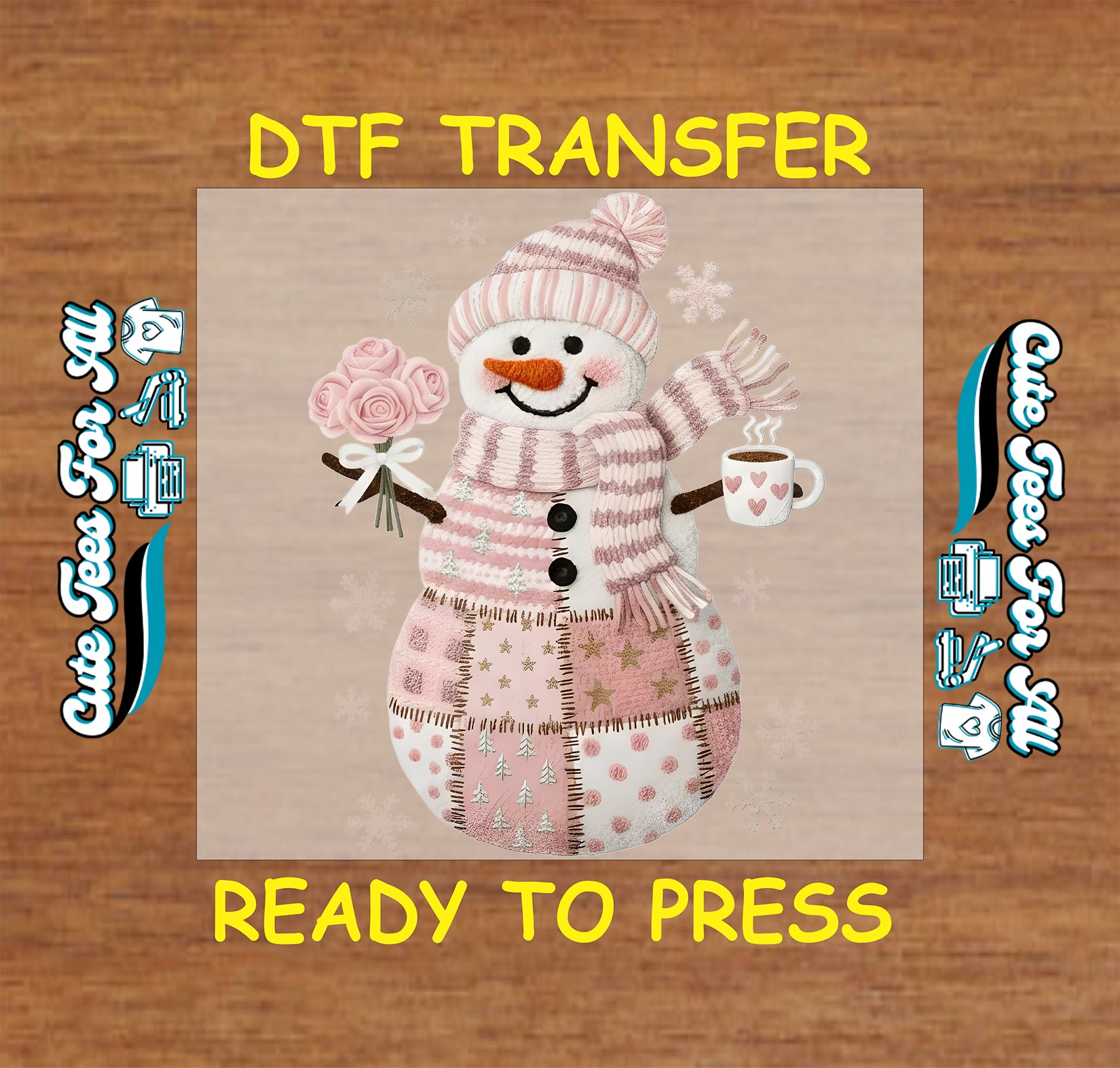 pink patchwork yarn snowman with roses and cocoa ready to press dtf transfer iron on heat transfer