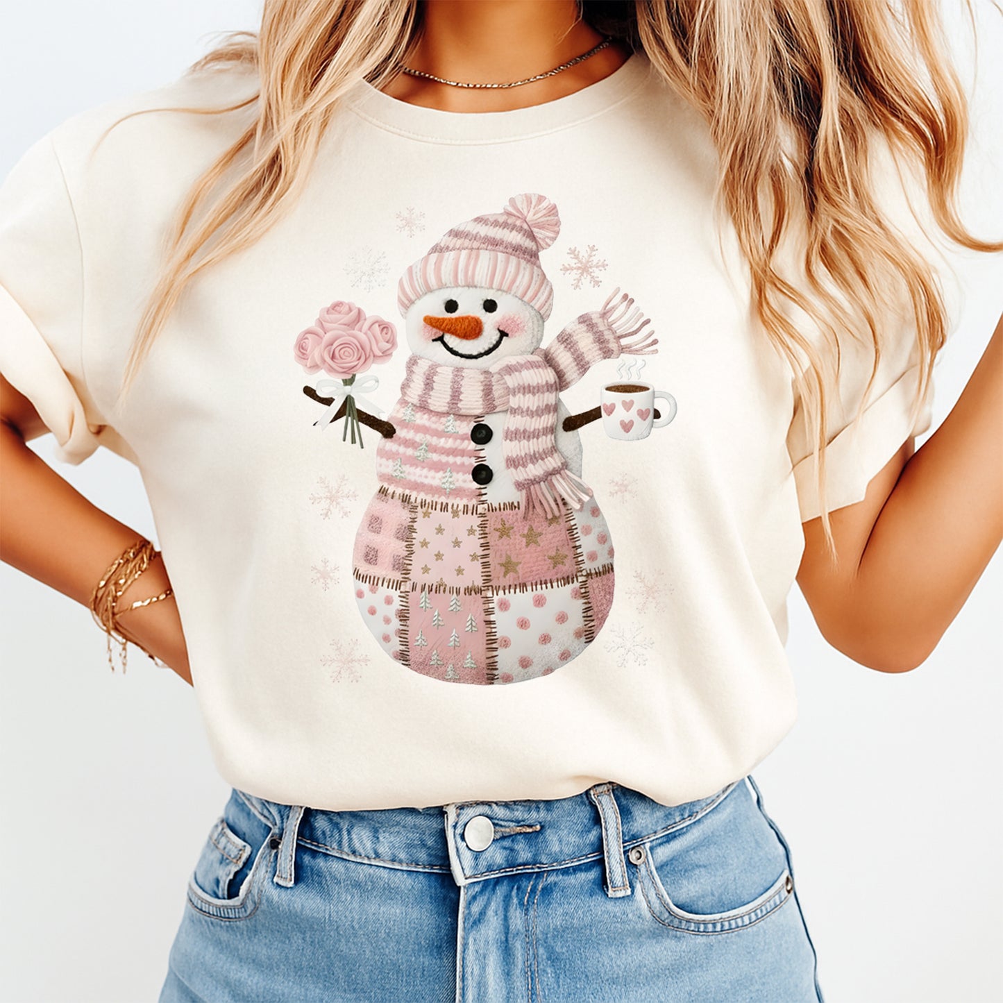 Christmas Patchwork Snowman Pink Yarn Style DTF Transfer – Ready to Press Iron On Heat Transfer for DIY Christmas Shirts 12267