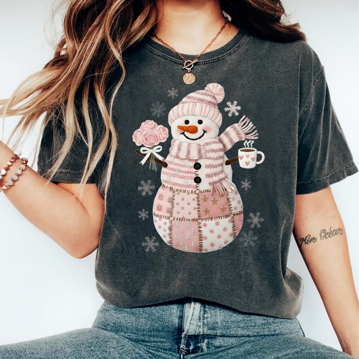 Christmas Patchwork Snowman Pink Yarn Style DTF Transfer – Ready to Press Iron On Heat Transfer for DIY Christmas Shirts 12267