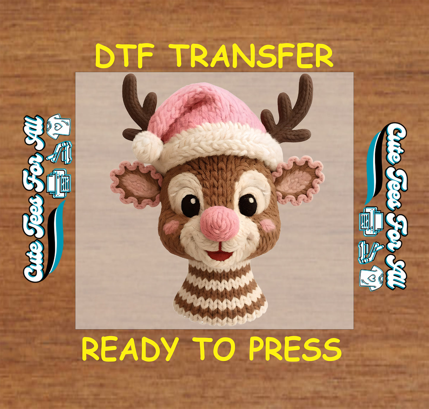 yarn style reindeer with pink santa hat ready to press dtf transfer iron on heat transfer