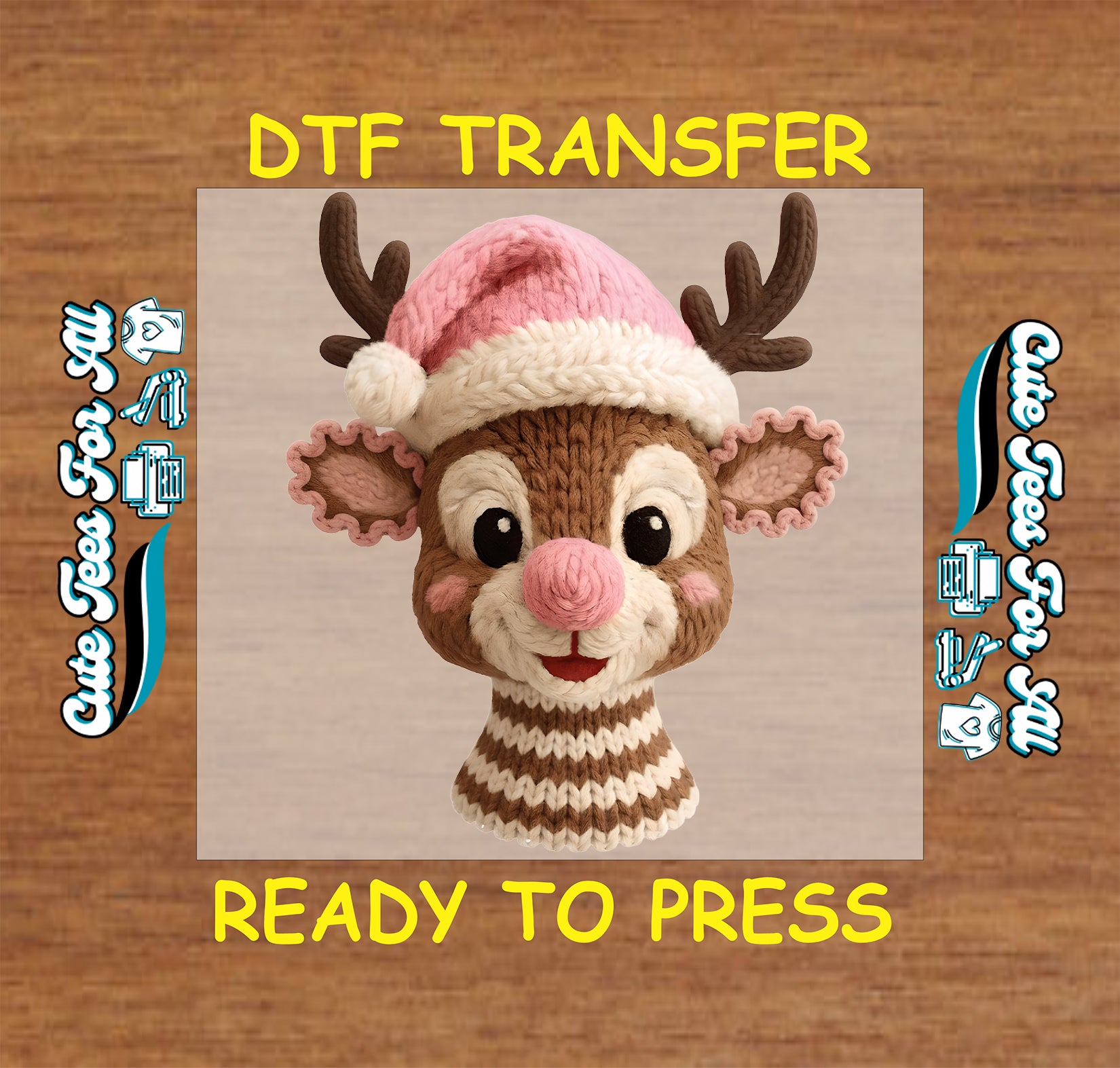 yarn style reindeer with pink santa hat ready to press dtf transfer iron on heat transfer