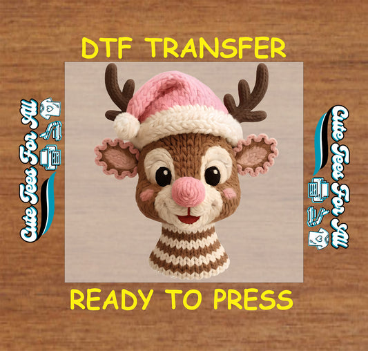 yarn style reindeer with pink santa hat ready to press dtf transfer iron on heat transfer
