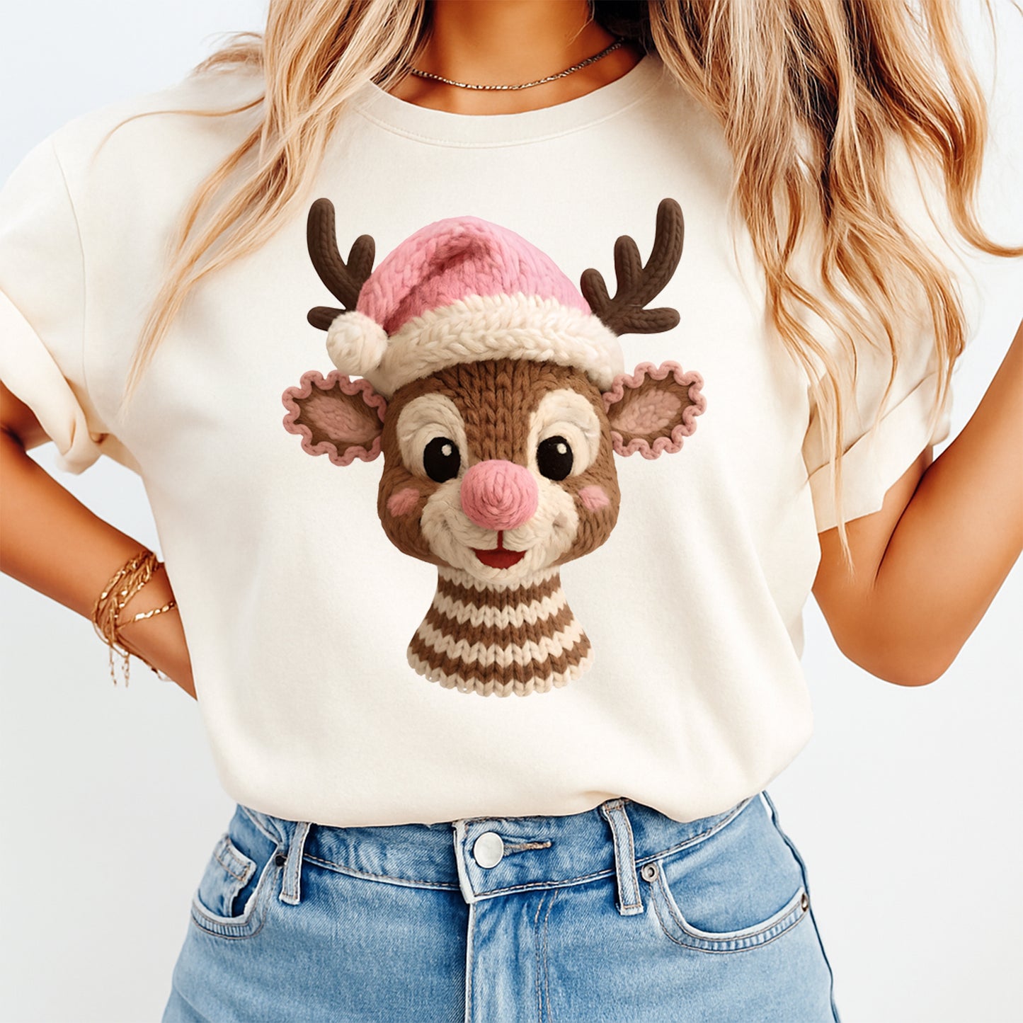 Christmas Reindeer Pink Hat Yarn Style DTF Transfer – Ready to Press Iron On Heat Transfer for DIY Christmas Shirts 12268