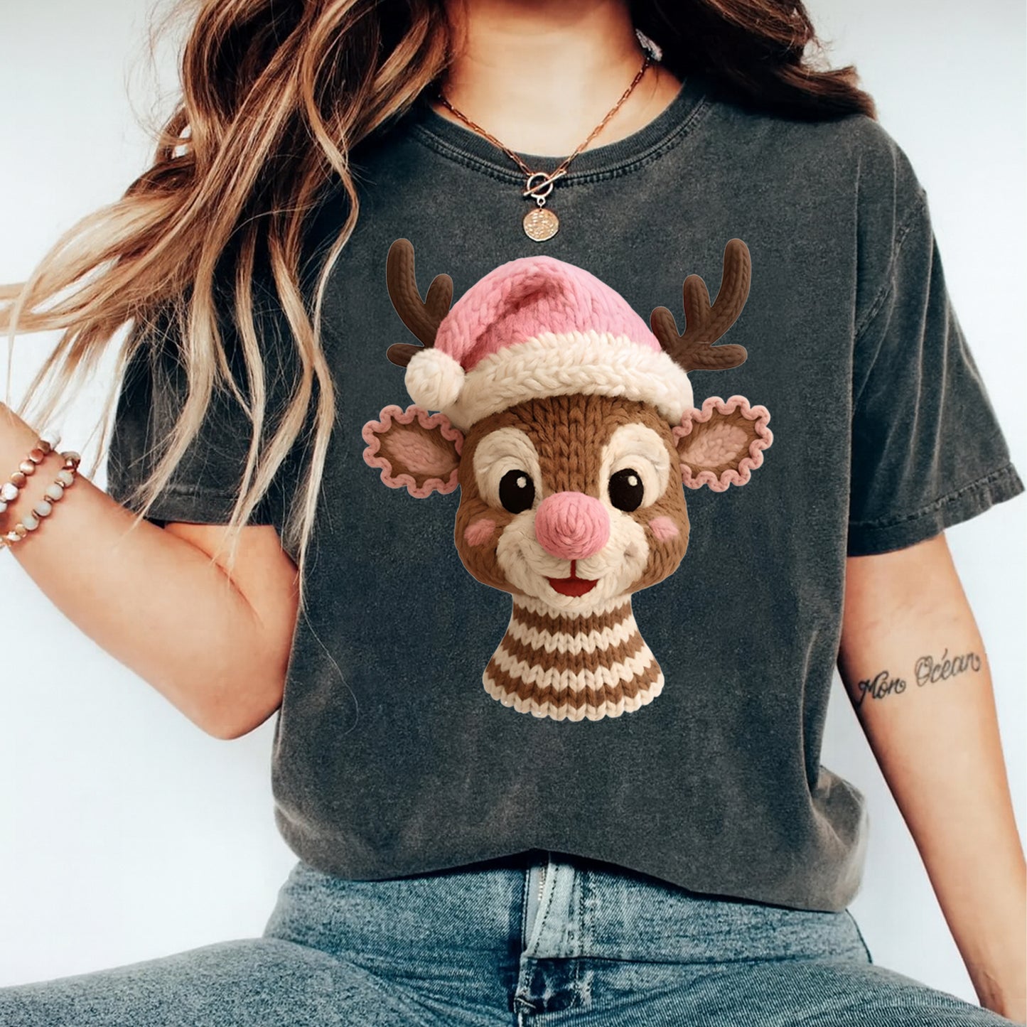 Christmas Reindeer Pink Hat Yarn Style DTF Transfer – Ready to Press Iron On Heat Transfer for DIY Christmas Shirts 12268