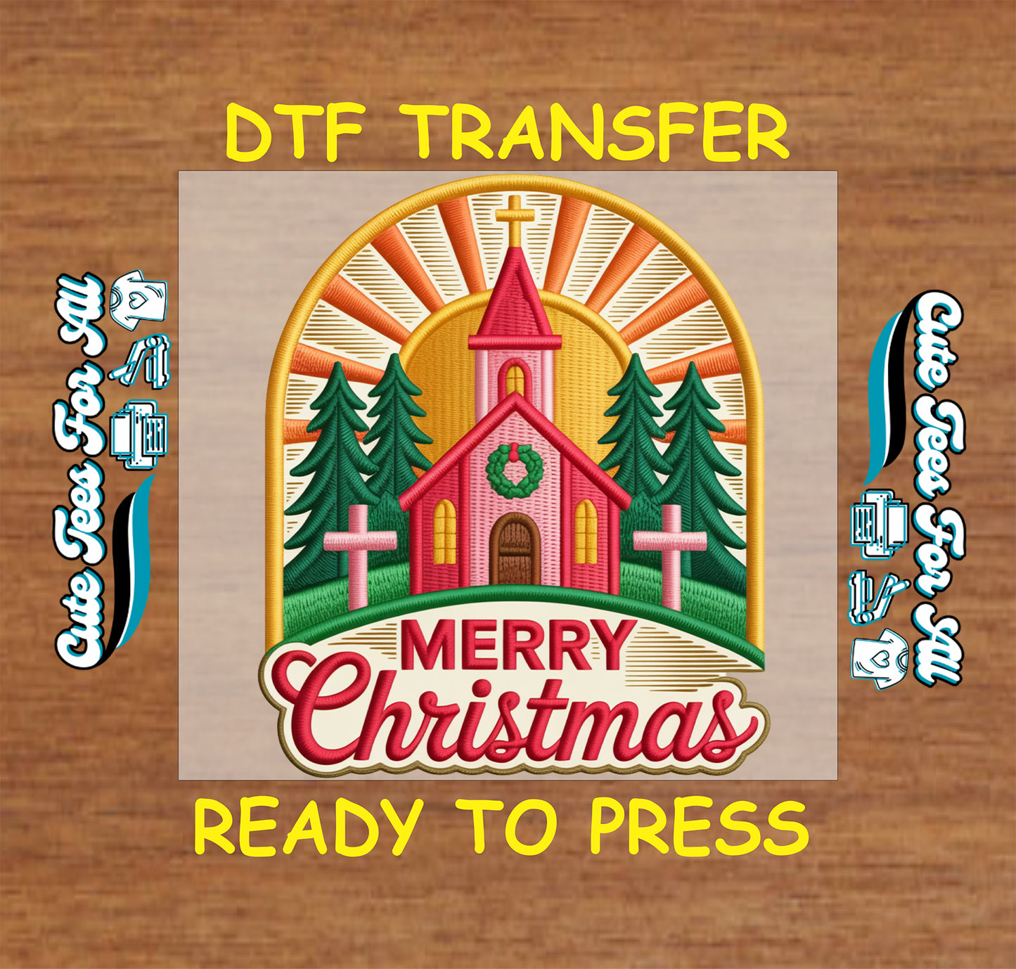 yarn style christmas church sunrise scene merry christmas ready to press dtf transfer iron on heat transfer