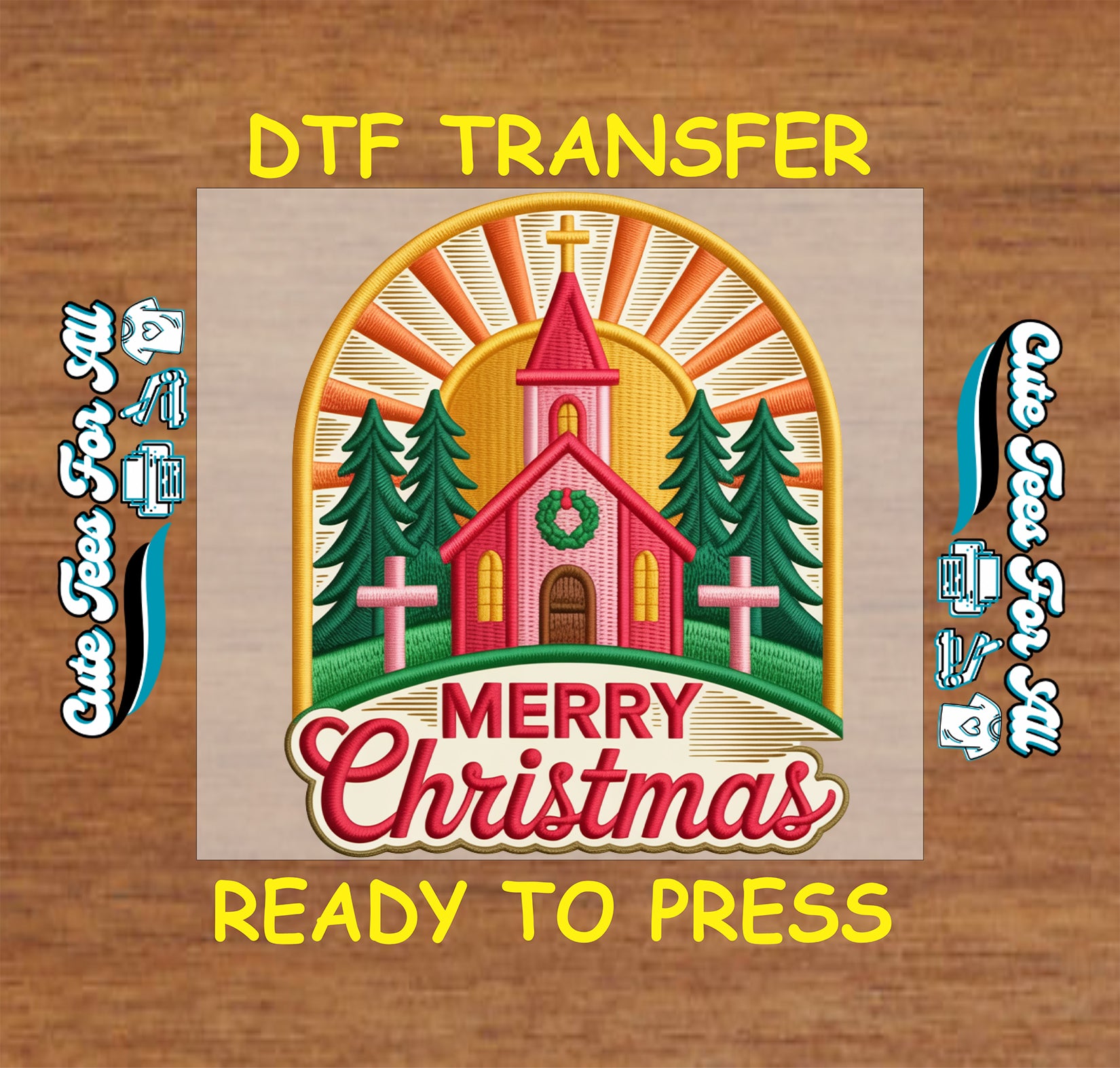 yarn style christmas church sunrise scene merry christmas ready to press dtf transfer iron on heat transfer