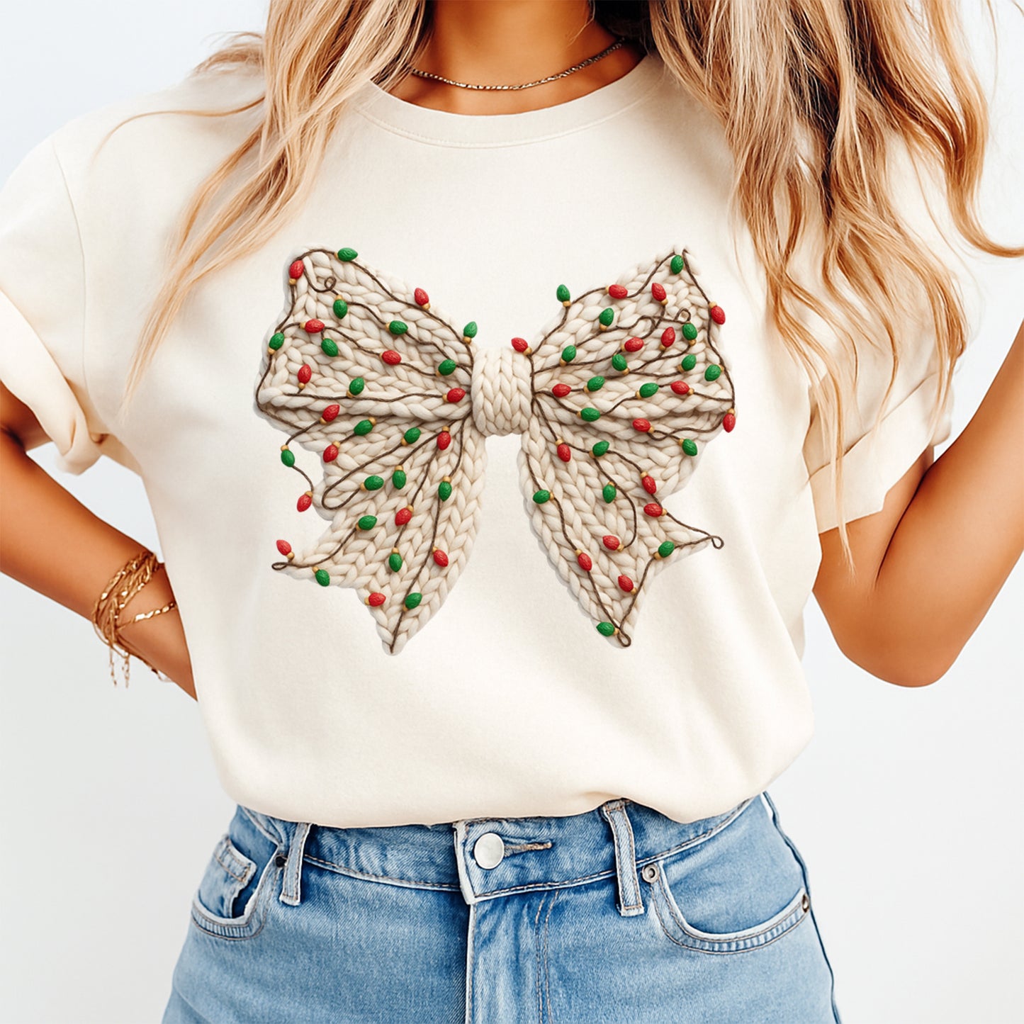 Christmas Knit Bow Yarn Style DTF Transfer – Ready to Press Iron On Heat Transfer for DIY Christmas Shirts 12271