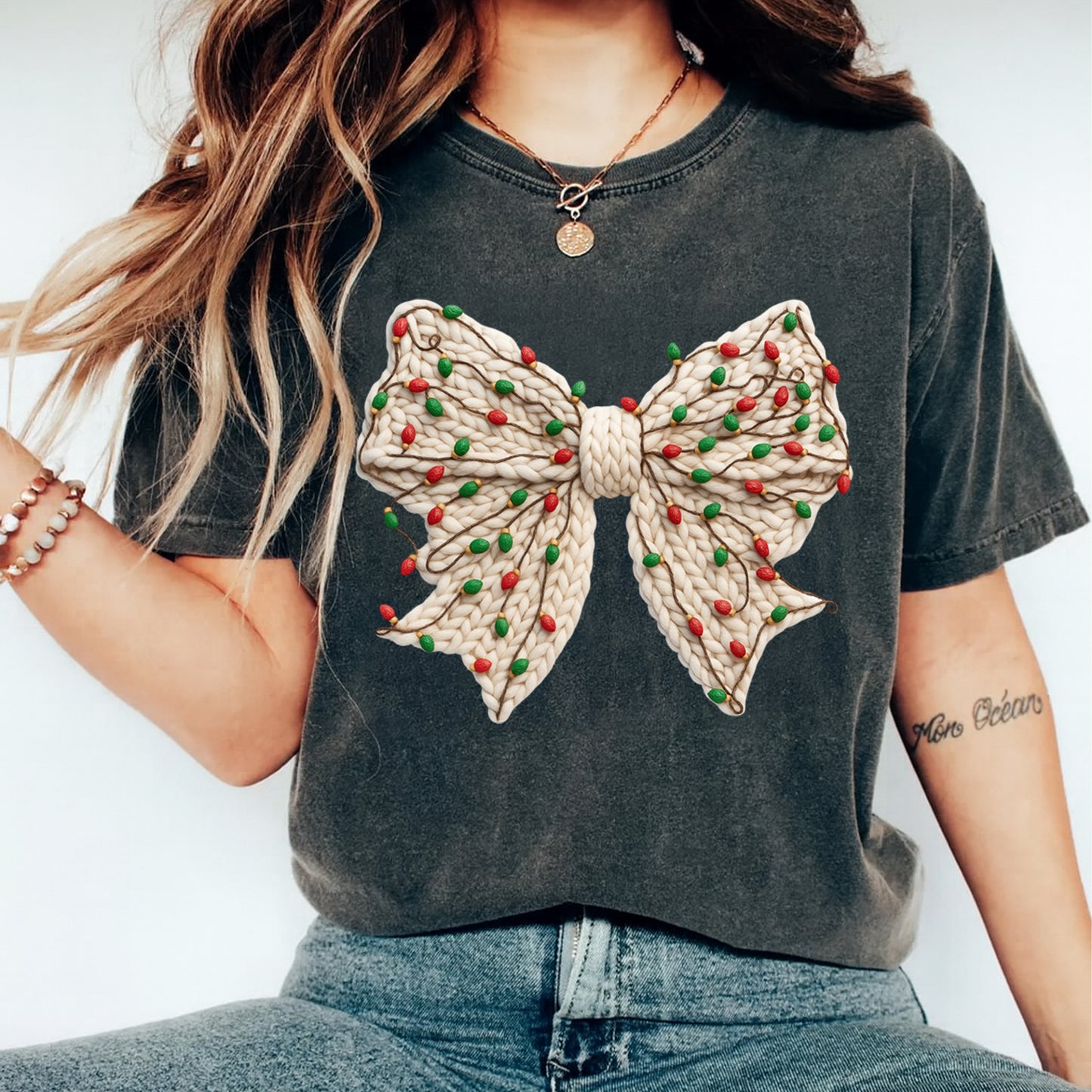 Christmas Knit Bow Yarn Style DTF Transfer – Ready to Press Iron On Heat Transfer for DIY Christmas Shirts 12271