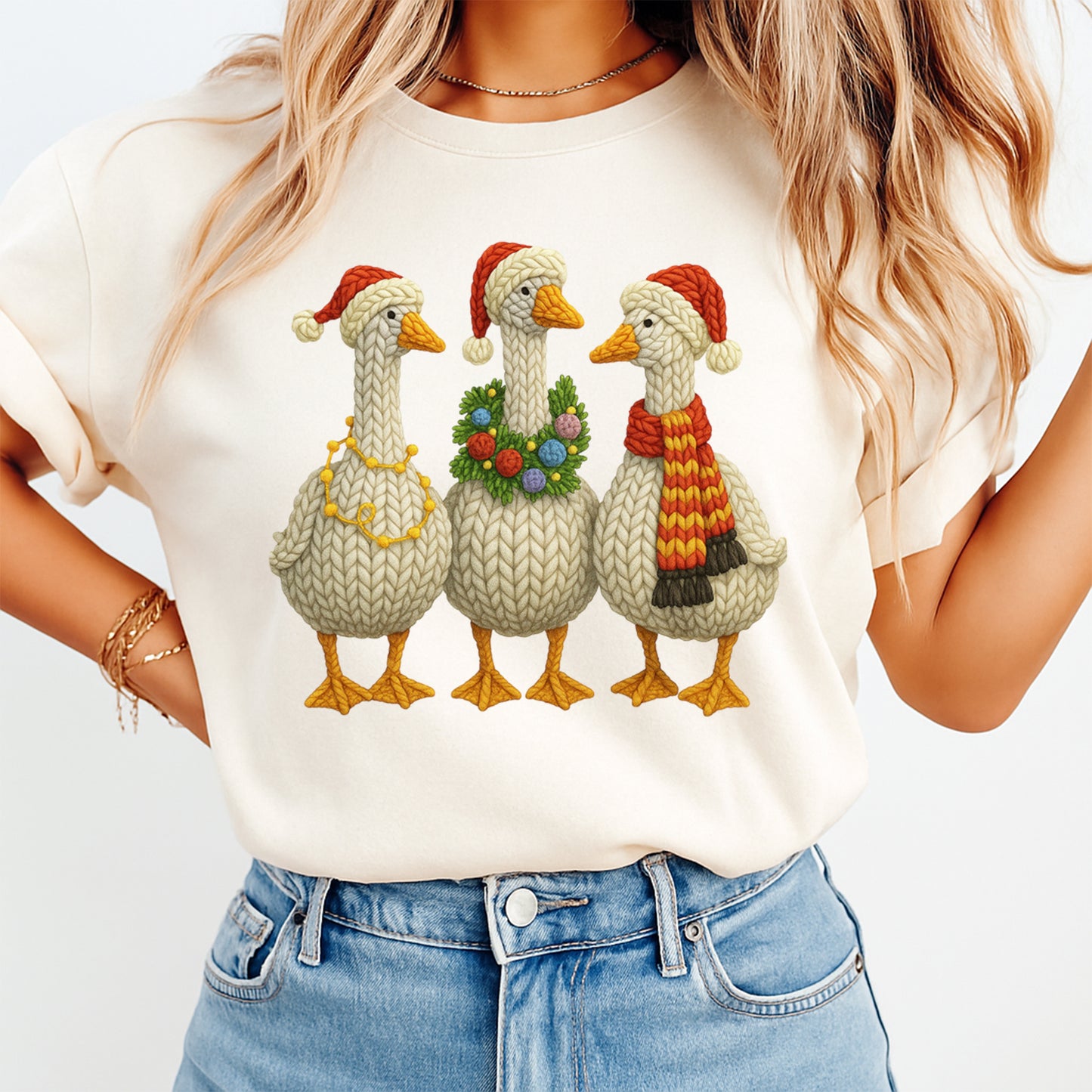 Christmas Knit Goose Trio Yarn Style DTF Transfer – Ready to Press Iron On Heat Transfer for DIY Christmas Shirts 12272