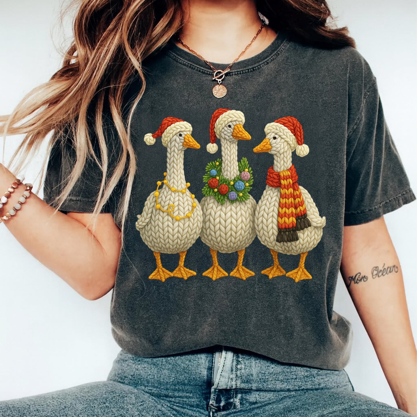 Christmas Knit Goose Trio Yarn Style DTF Transfer – Ready to Press Iron On Heat Transfer for DIY Christmas Shirts 12272