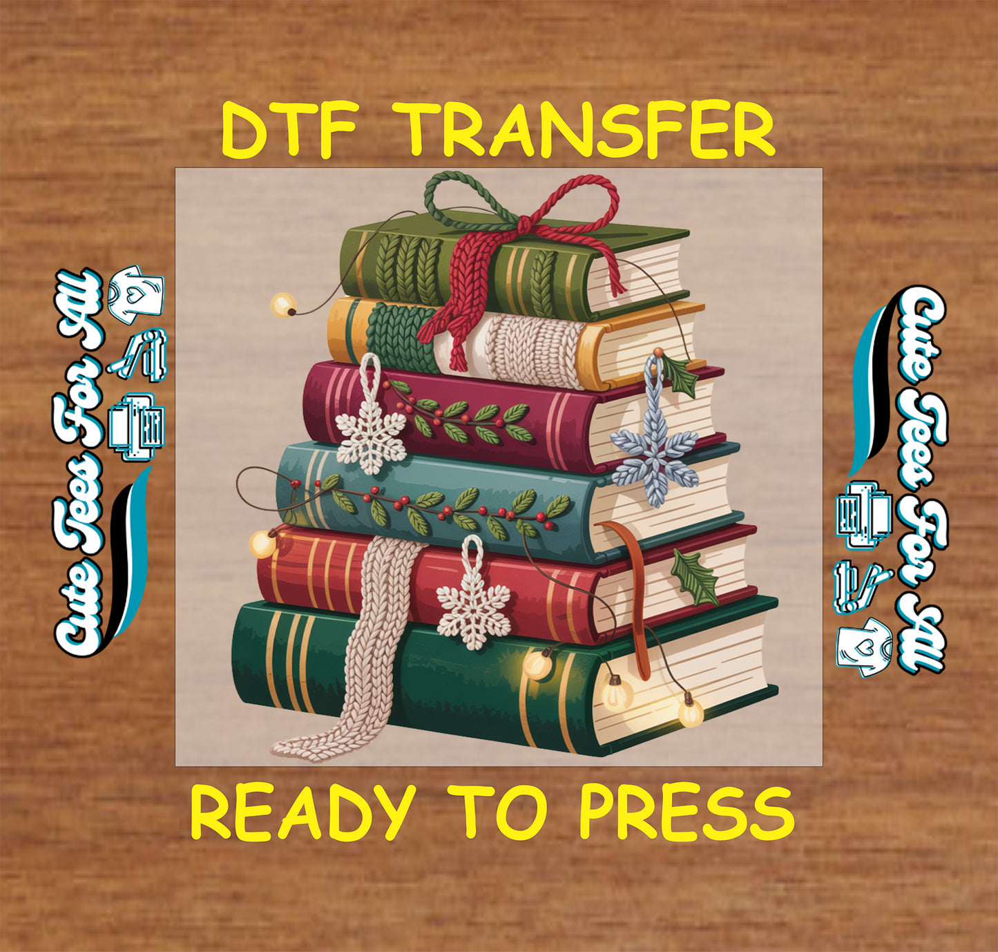christmas book stack yarn style with lights and crochet snowflakes ready to press dtf transfer