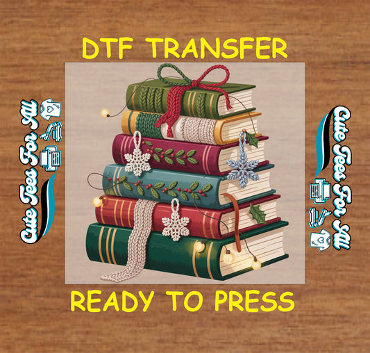 christmas book stack yarn style with lights and crochet snowflakes ready to press dtf transfer