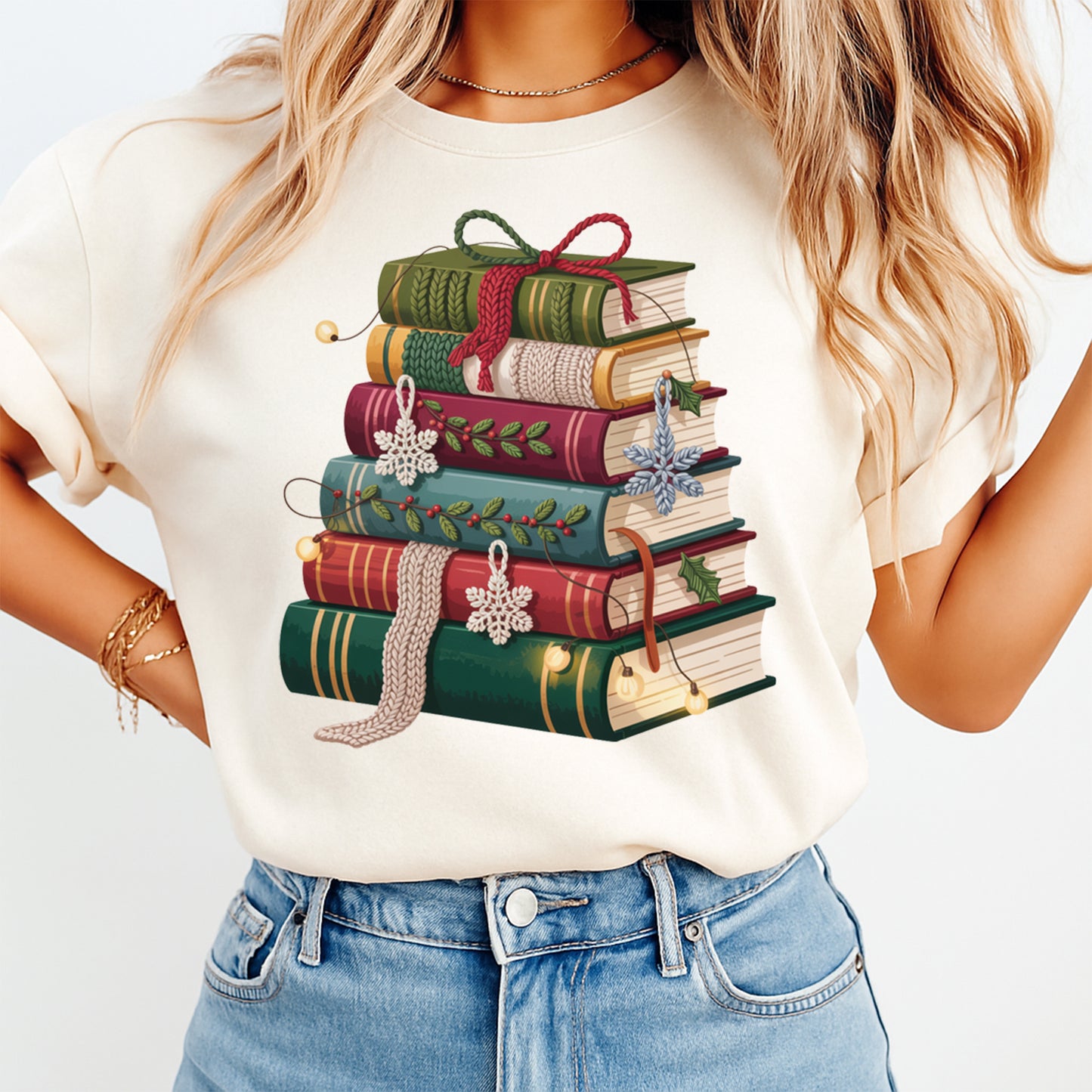 Christmas Book Stack Yarn Style DTF Transfer – Ready to Press Iron On Heat Transfer for DIY Christmas Shirts 12273