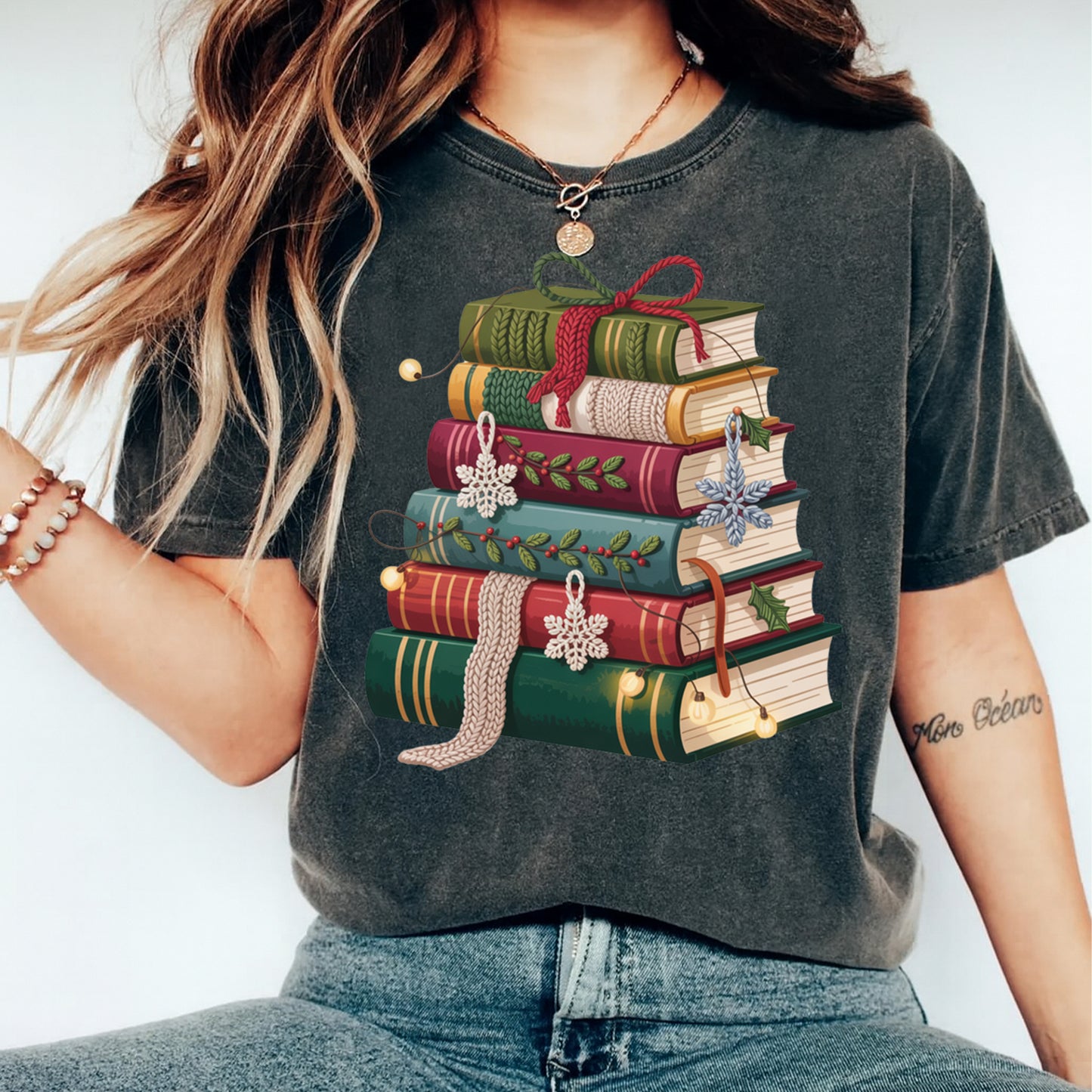 Christmas Book Stack Yarn Style DTF Transfer – Ready to Press Iron On Heat Transfer for DIY Christmas Shirts 12273