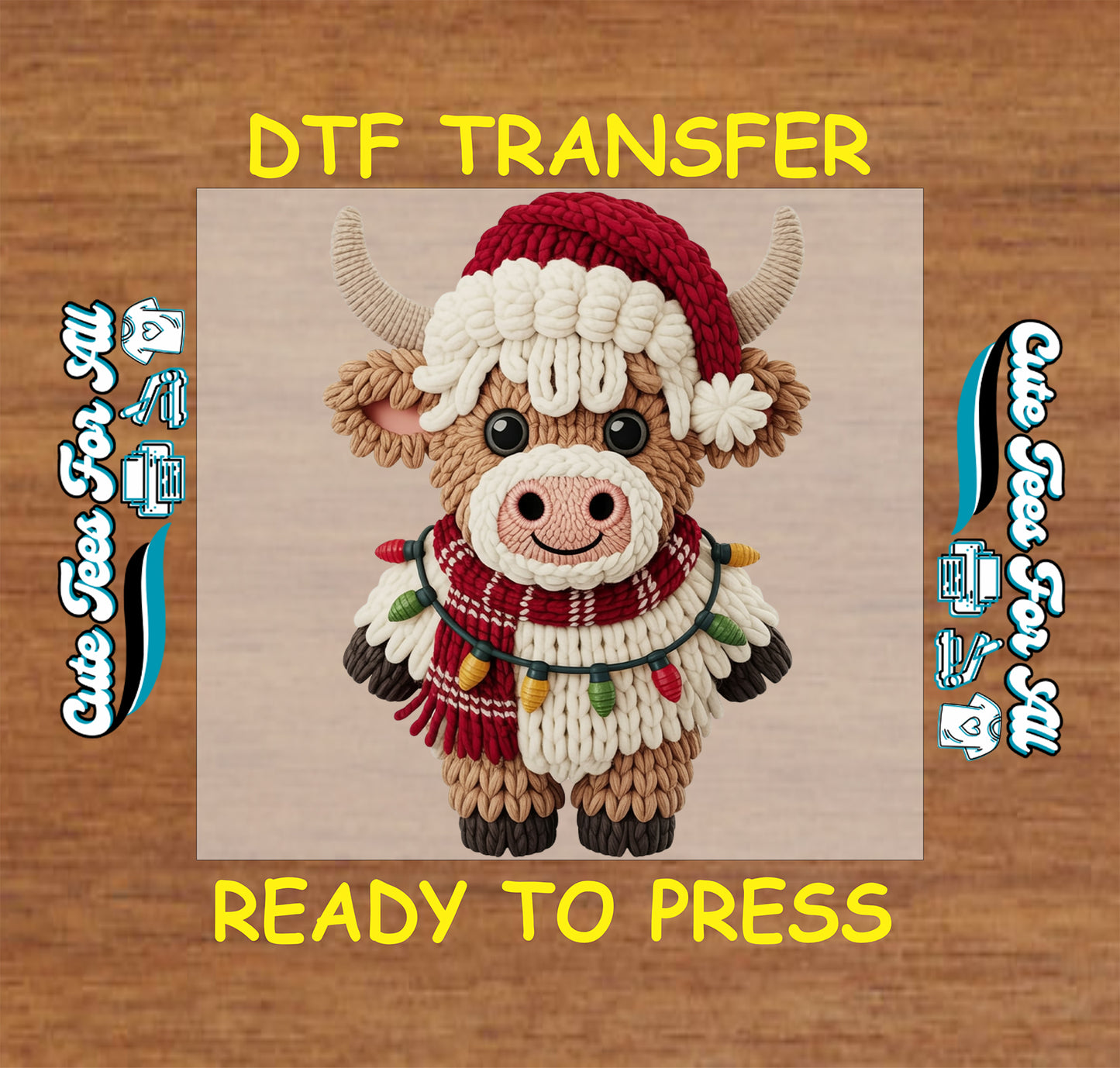 christmas highland cow yarn style with lights and santa hat ready to press dtf transfer
