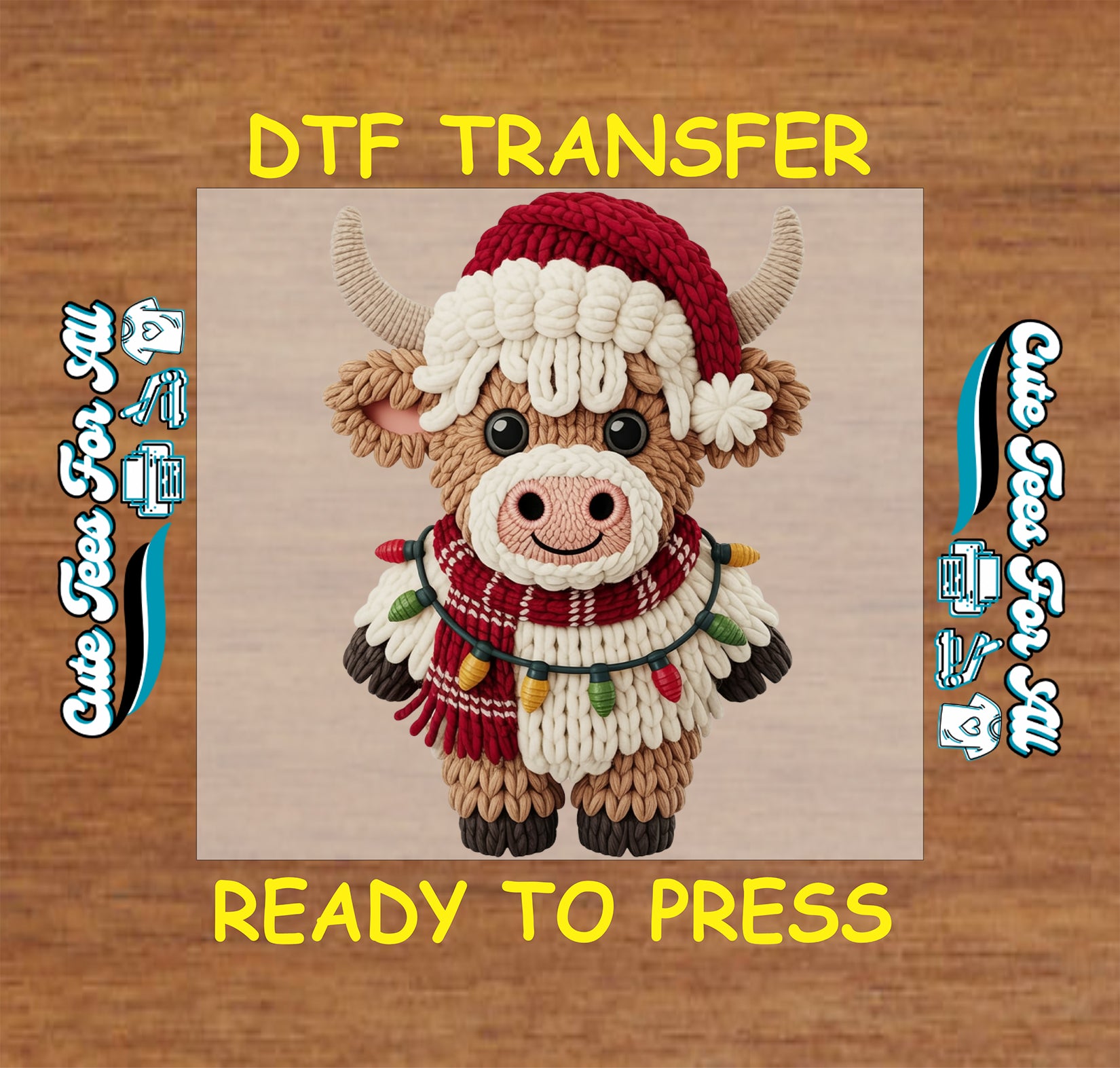 christmas highland cow yarn style with lights and santa hat ready to press dtf transfer