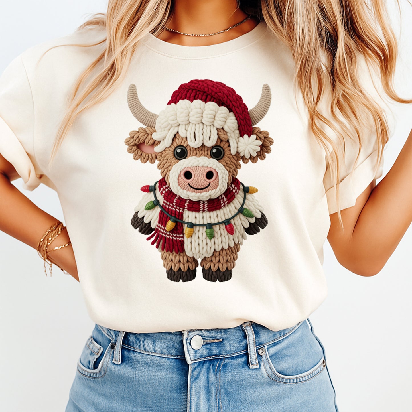 Christmas Highland Cow Lights Yarn Style DTF Transfer – Ready to Press Iron On Heat Transfer for DIY Christmas Shirts 12274