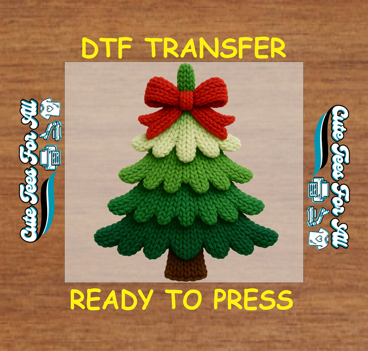 layered knit christmas tree with red bow yarn style ready to press dtf transfer iron on heat transfer