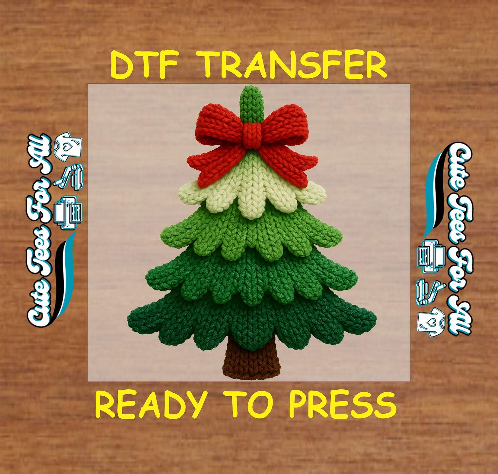 layered knit christmas tree with red bow yarn style ready to press dtf transfer iron on heat transfer