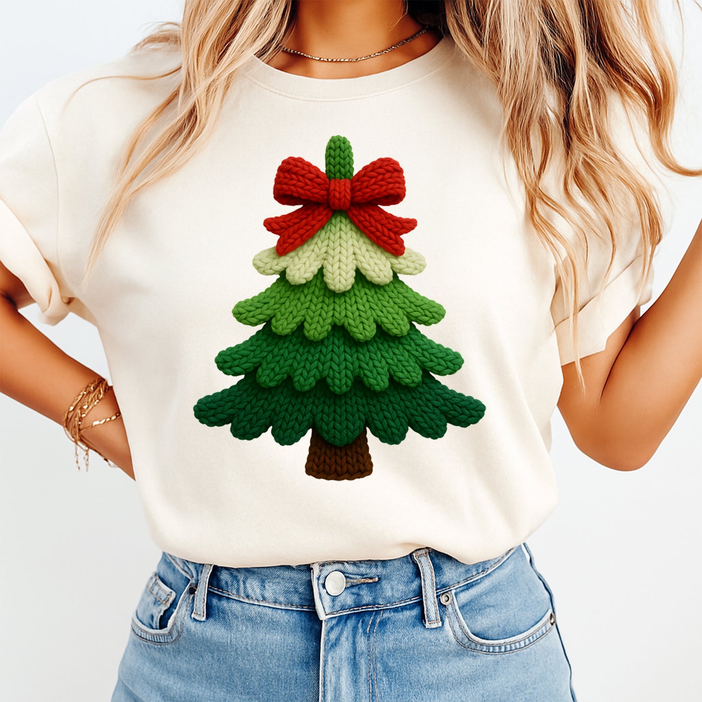 Christmas Knit Tree Red Bow Yarn Style DTF Transfer – Ready to Press Iron On Heat Transfer for DIY Christmas Shirts 12275