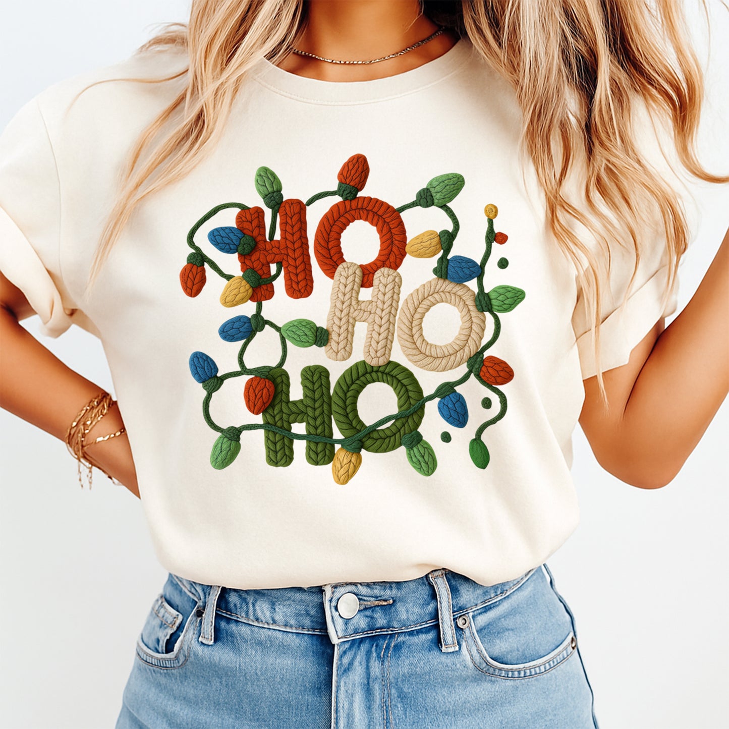 Christmas HO HO HO Knit Lights Yarn Style DTF Transfer – Ready to Press Iron On Heat Transfer for DIY Christmas Shirts 12276