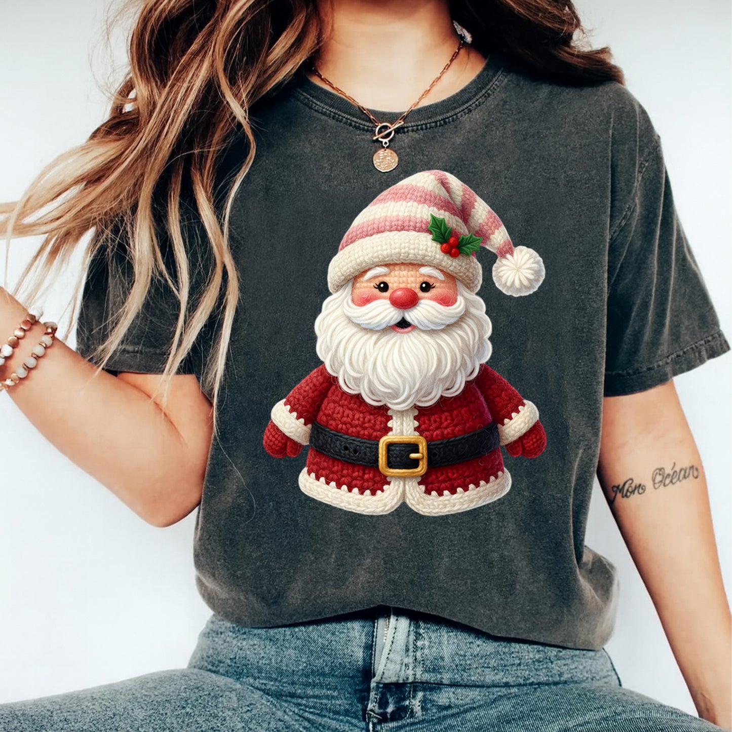 Christmas Yarn Crochet Santa DTF Transfer – Ready to Press Iron On Heat Transfer for DIY Christmas Shirts 12277