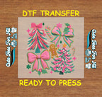 Christmas Yarn Crochet Pink Bows and Trees DTF Transfer – Ready to Press Iron On Heat Transfer for DIY Christmas Shirts 12279