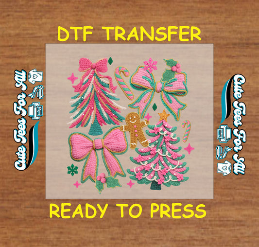 pink yarn crochet christmas bows trees gingerbread ready to press dtf transfer iron on heat transfer diy christmas shirts