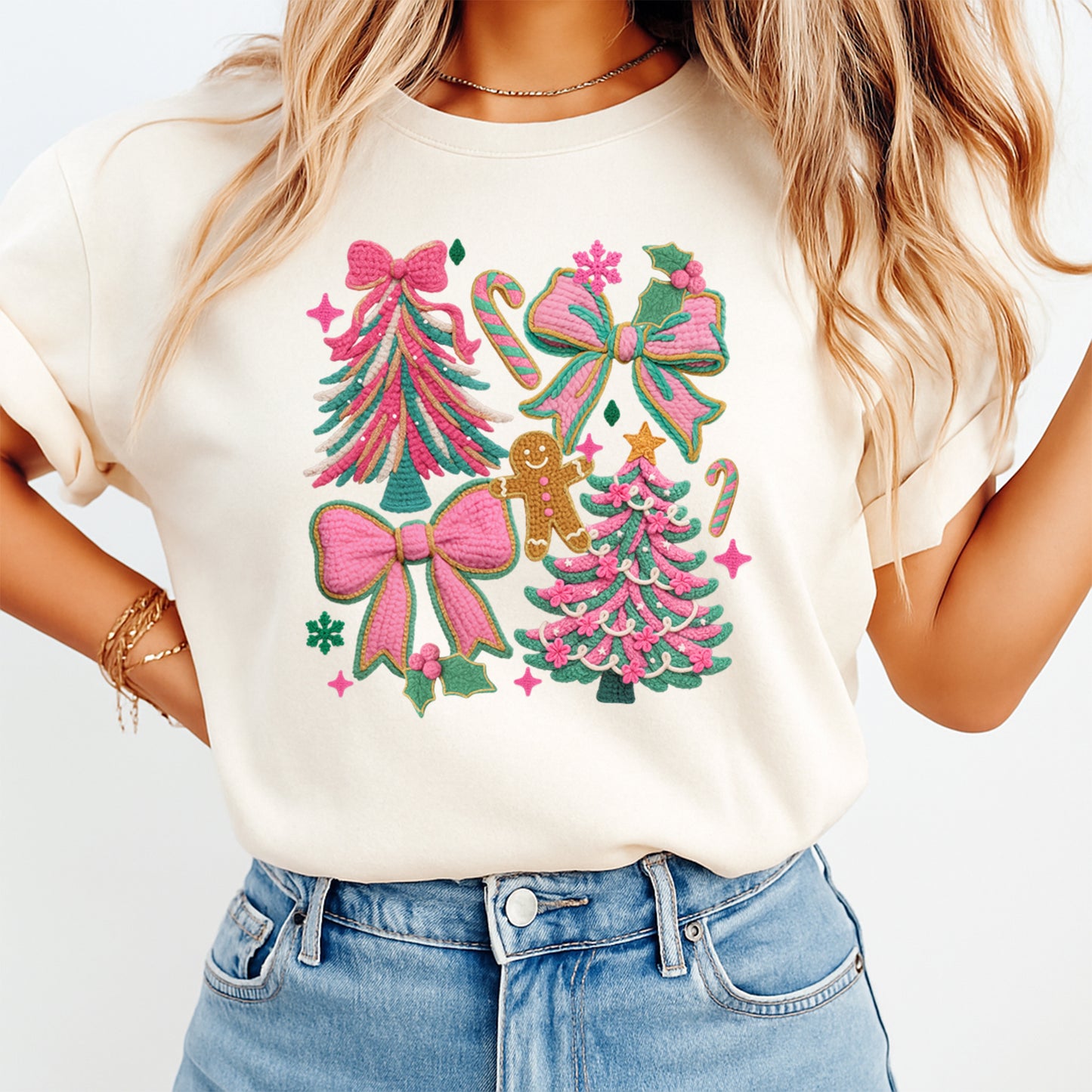 Christmas Yarn Crochet Pink Bows and Trees DTF Transfer – Ready to Press Iron On Heat Transfer for DIY Christmas Shirts 12279