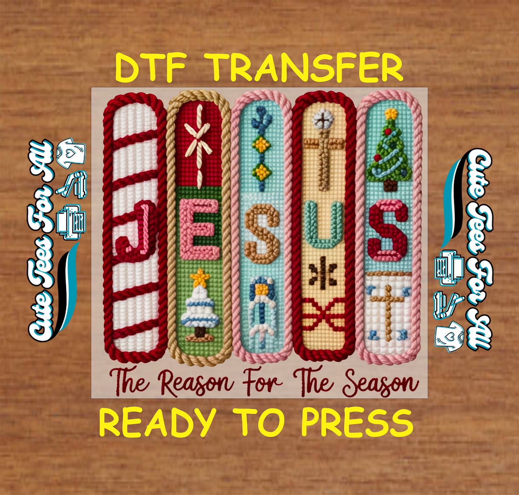 religious christmas jesus yarn style cross stitch ready to press dtf transfer for diy christmas shirts