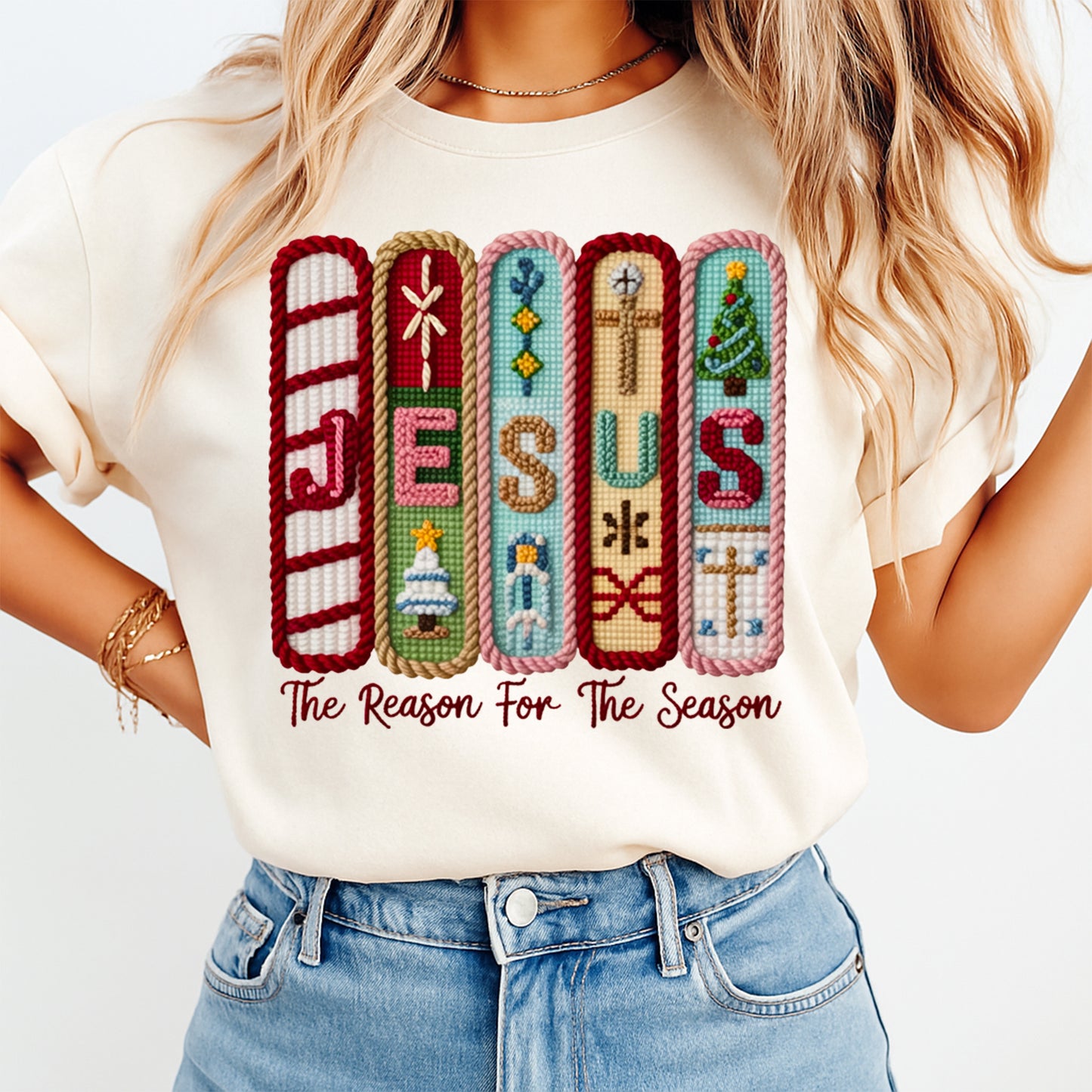 Christmas Religious Yarn Art DTF Transfer – Ready to Press Iron On Heat Transfer for DIY Christmas Shirts 12280