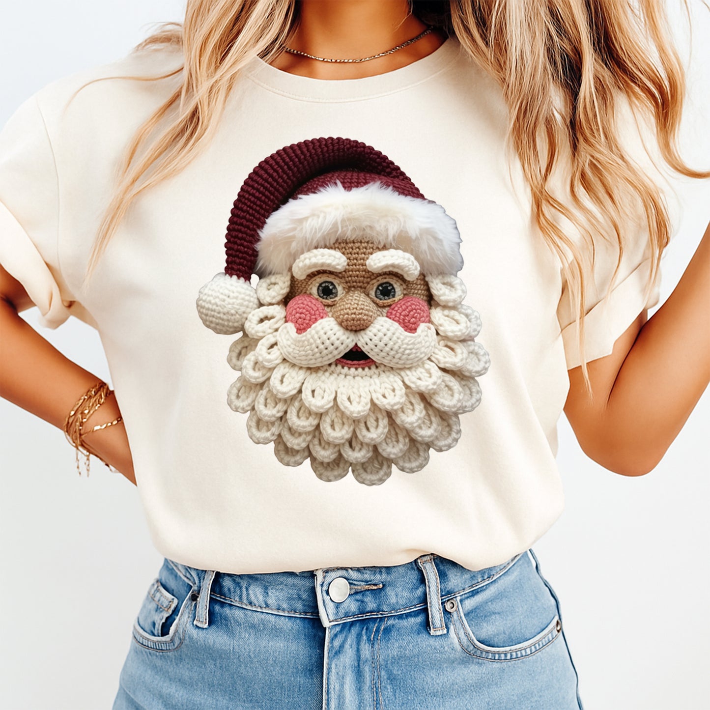 Christmas Yarn Crochet Santa Face DTF Transfer – Ready to Press Iron On Heat Transfer for DIY Christmas Shirts 12282