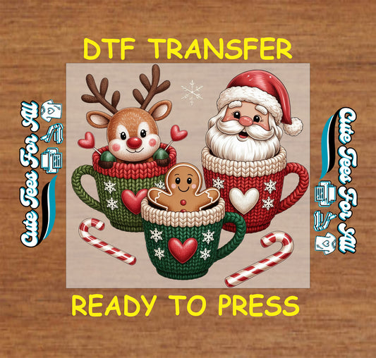 yarn crochet santa reindeer gingerbread cocoa mugs ready to press dtf transfer iron on heat transfer diy christmas shirts