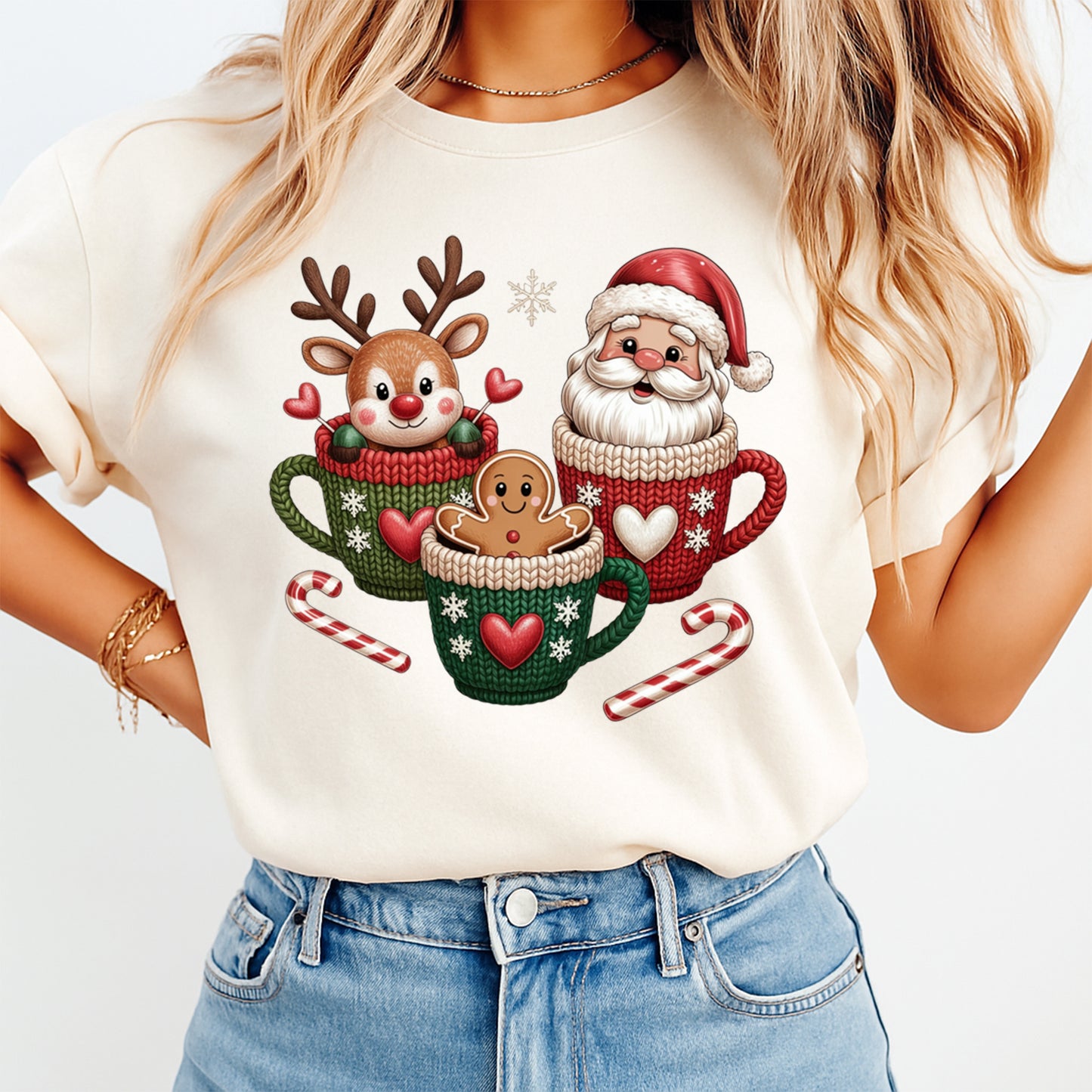 Christmas Yarn Crochet Santa Reindeer Gingerbread Cocoa Mug DTF Transfer – Ready to Press Iron On Heat Transfer for DIY Christmas Shirts 12283