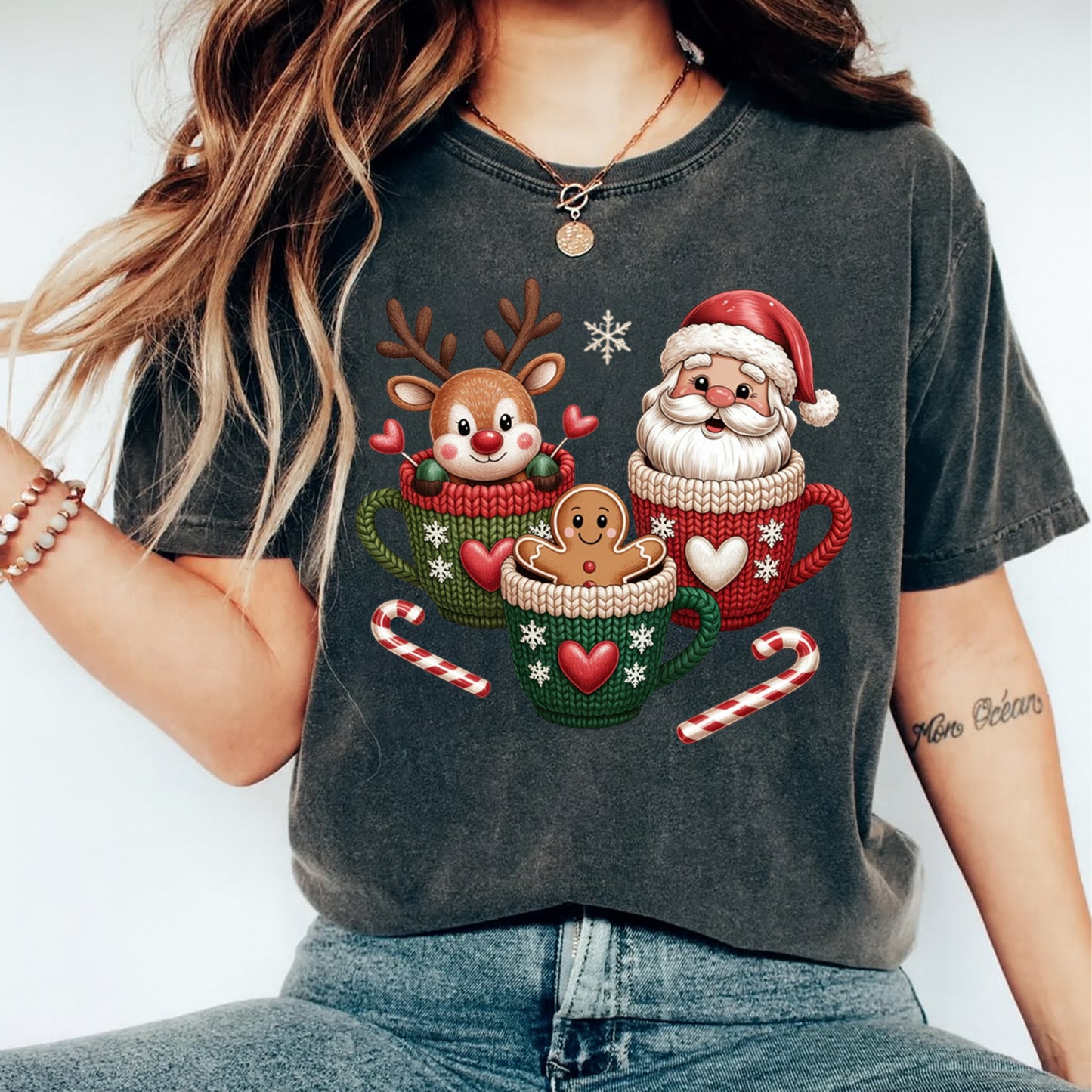 Christmas Yarn Crochet Santa Reindeer Gingerbread Cocoa Mug DTF Transfer – Ready to Press Iron On Heat Transfer for DIY Christmas Shirts 12283