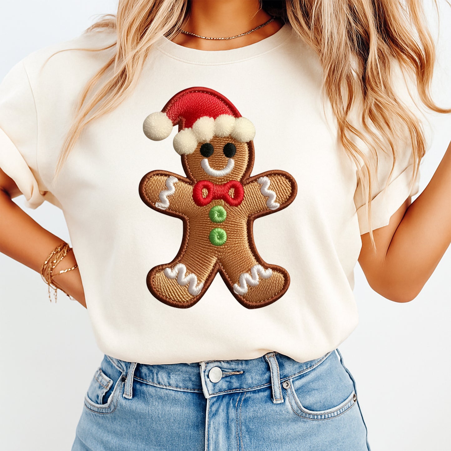 Christmas Stitched Gingerbread Santa Hat DTF Transfer – Ready to Press Iron On Heat Transfer for DIY Christmas Shirts 12284