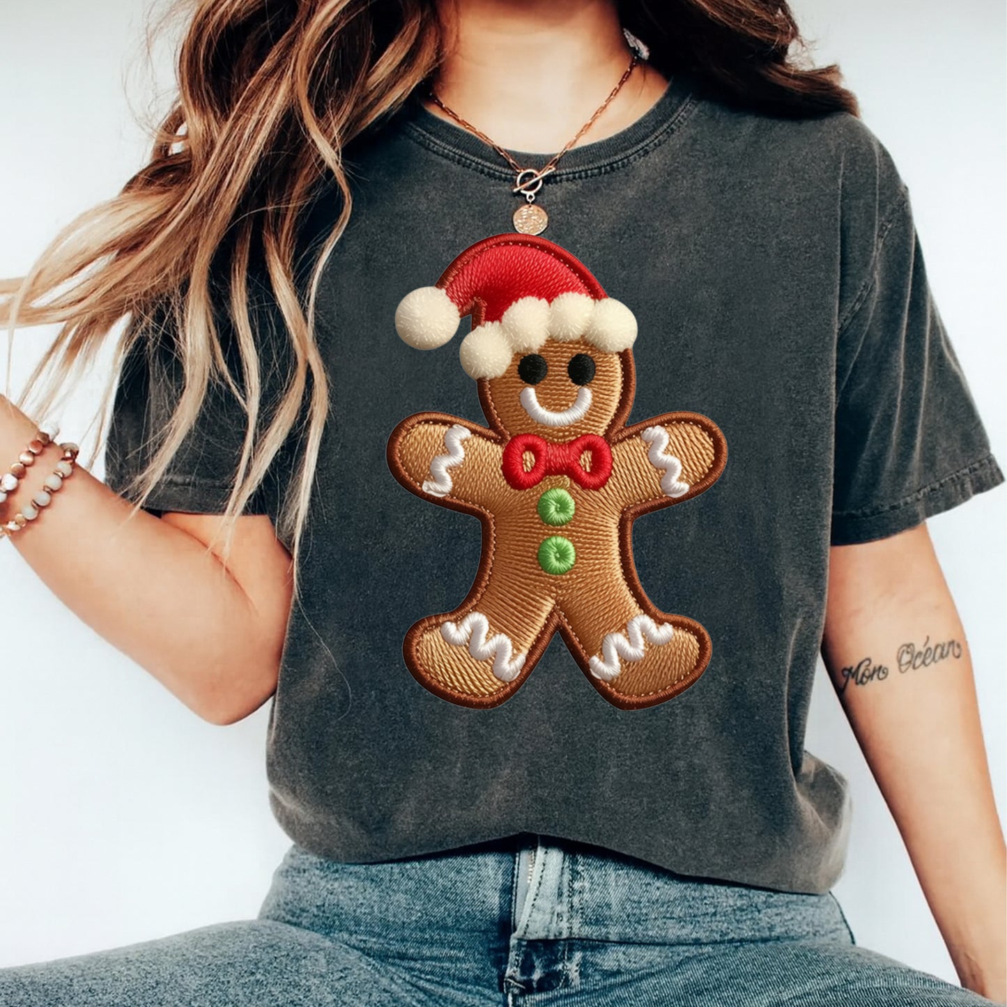 Christmas Stitched Gingerbread Santa Hat DTF Transfer – Ready to Press Iron On Heat Transfer for DIY Christmas Shirts 12284