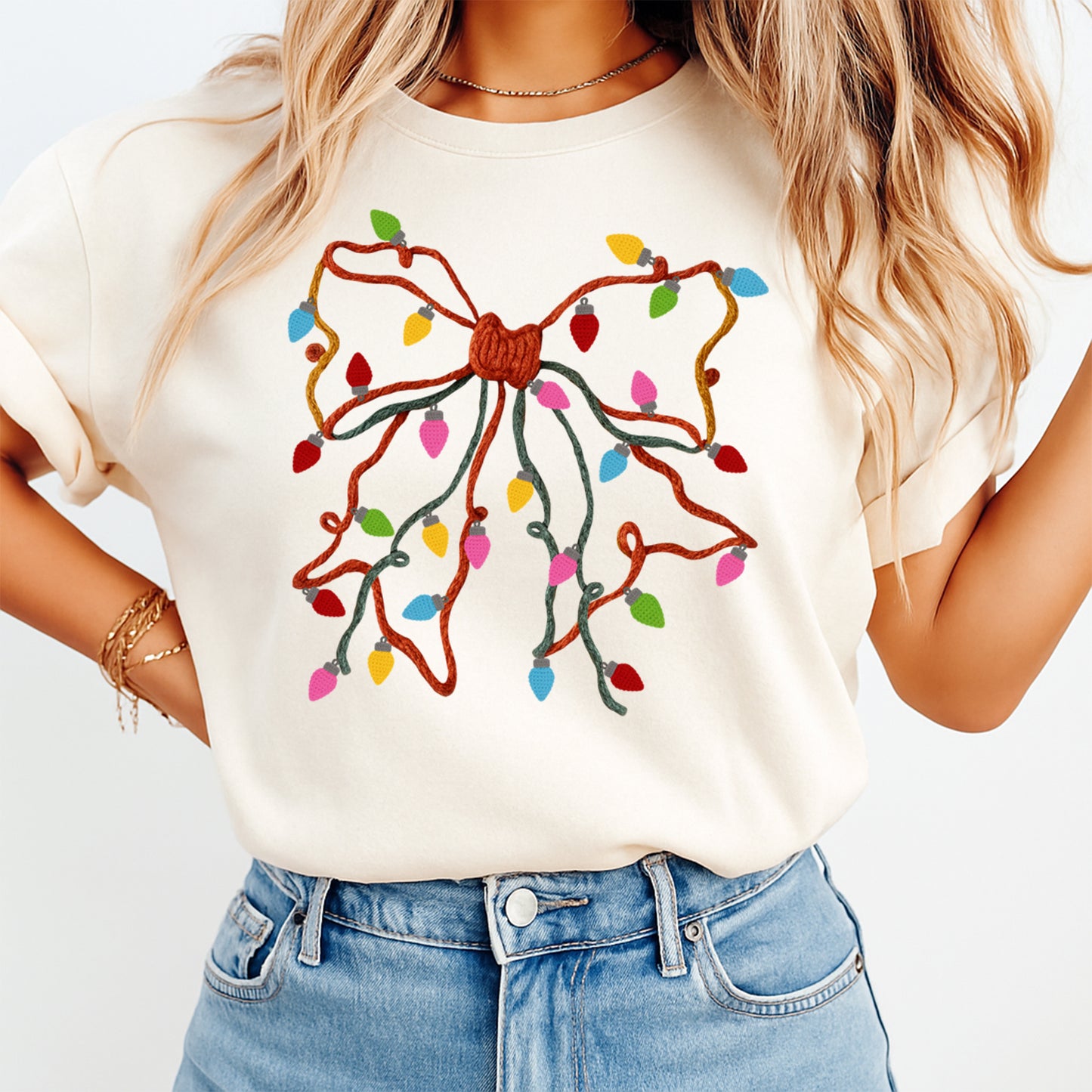 Christmas Yarn Crochet Bow with Colorful Lights DTF Transfer – Ready to Press Iron On Heat Transfer for DIY Christmas Shirts 12285