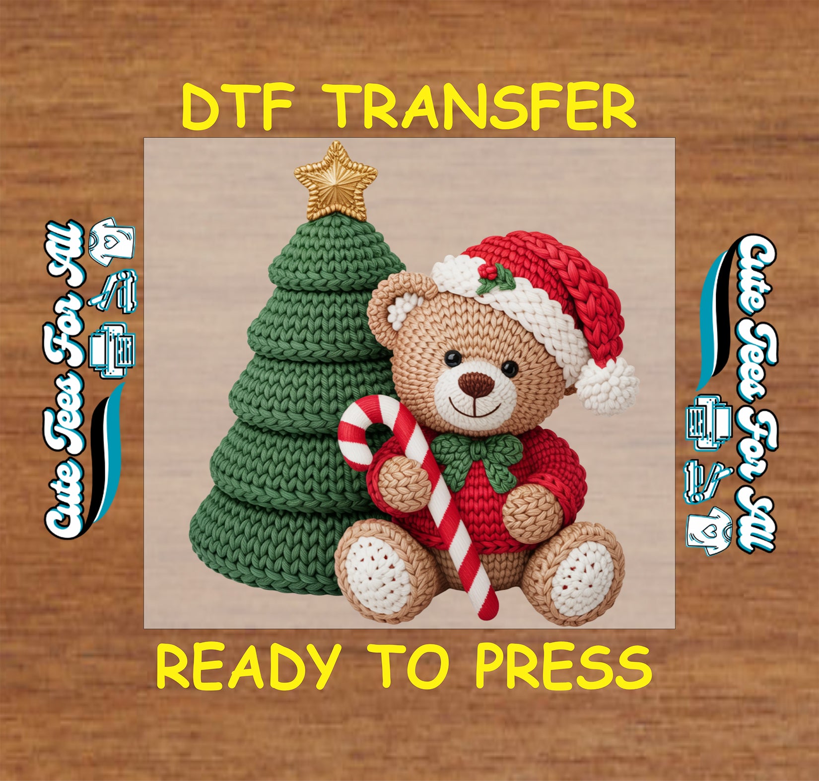 yarn crochet teddy bear christmas tree candy cane ready to press dtf transfer iron on heat transfer diy christmas shirts