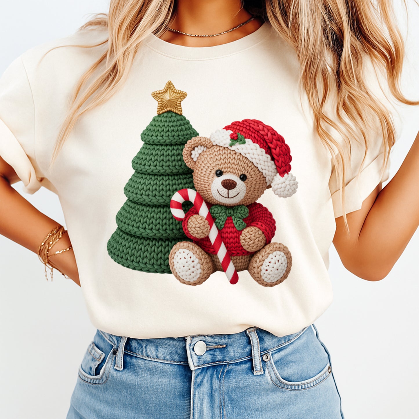 Christmas Yarn Crochet Teddy Bear and Tree DTF Transfer – Ready to Press Iron On Heat Transfer for DIY Christmas Shirts 12286