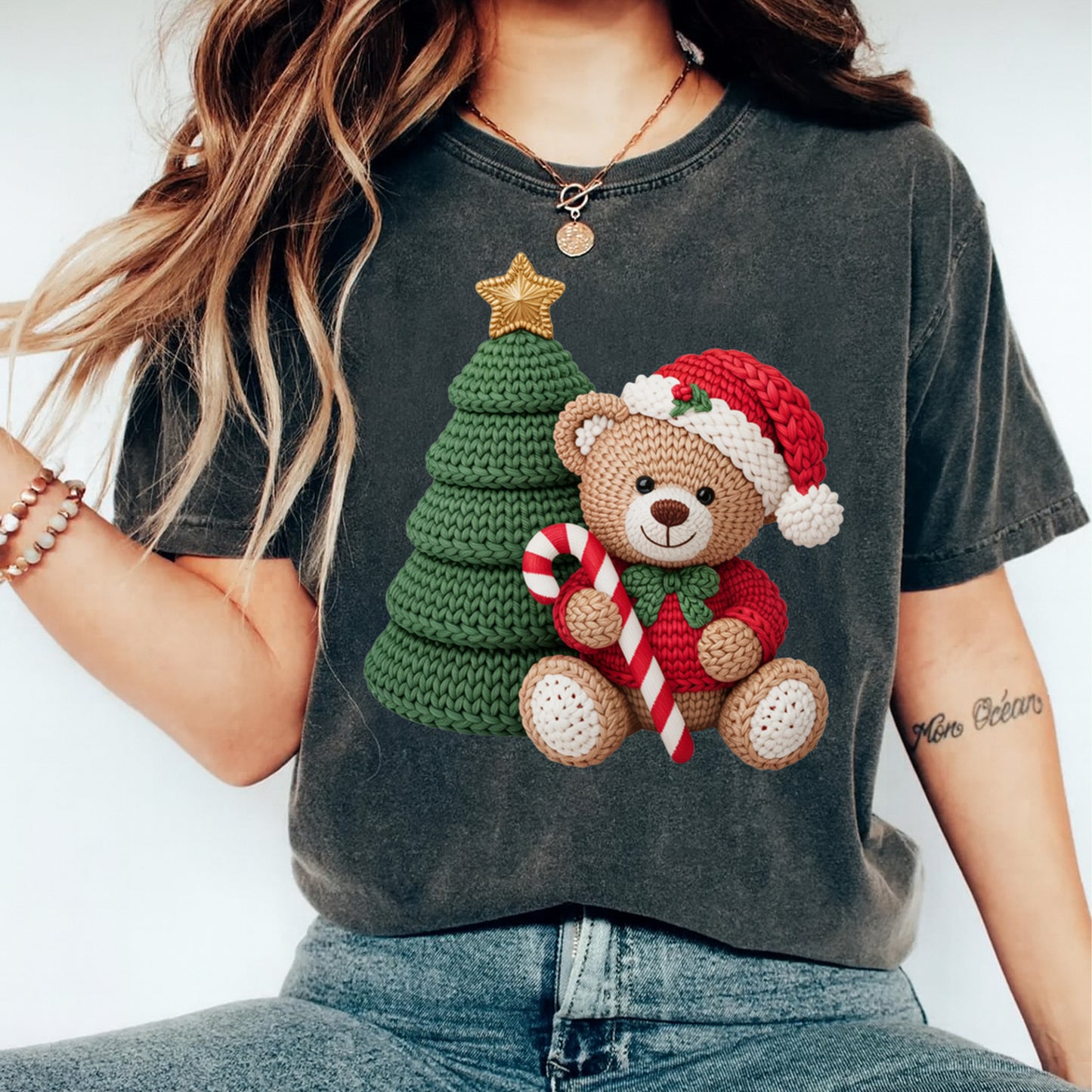 Christmas Yarn Crochet Teddy Bear and Tree DTF Transfer – Ready to Press Iron On Heat Transfer for DIY Christmas Shirts 12286